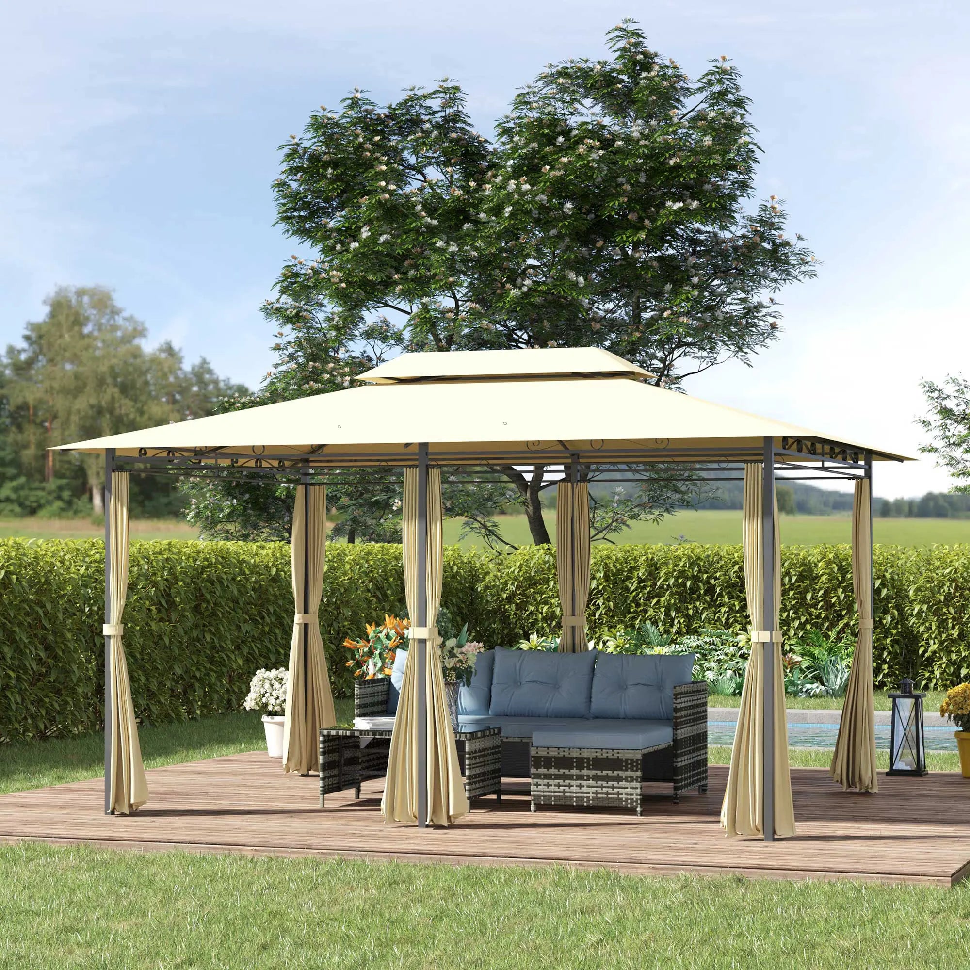 4 x 3m Garden Gazebo with Double Roof, UV-Resistant Curtains, Drainage Holes and Steel Frame