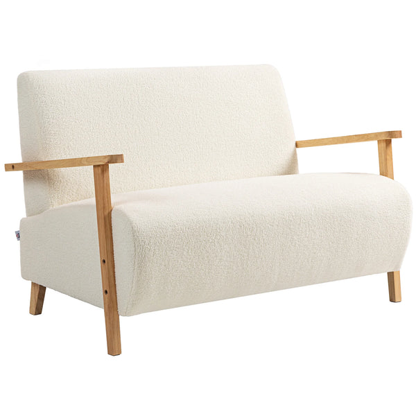 2 Seater Sherpa Loveseat Sofa with Rubber Wood Armrests and Legs Nordic Style Thick Padding Cream