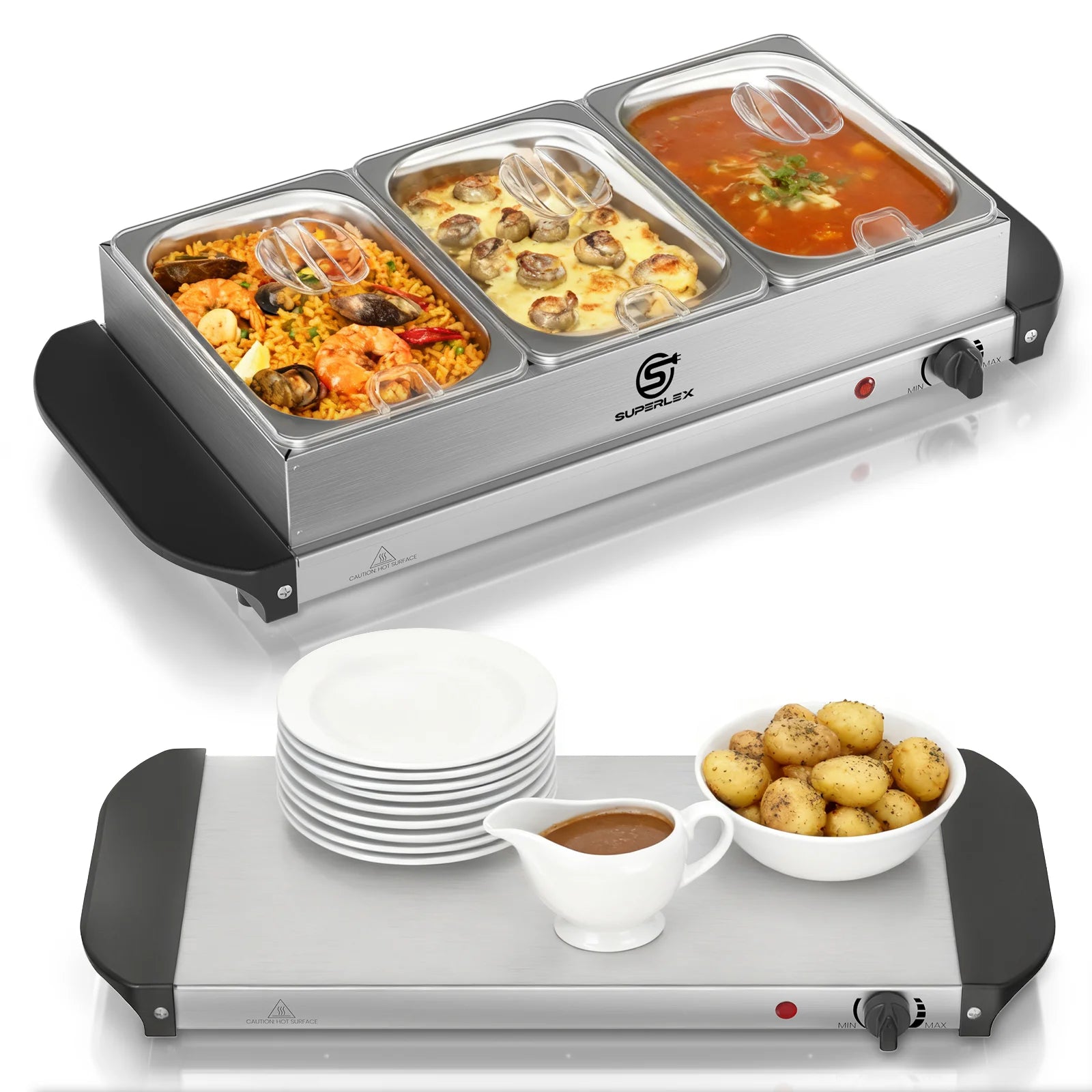 2-in-1 Buffet Server and Plate Warmer with 3 Stainless Steel Trays Temperature Control and Clear Lids for Home and Catering