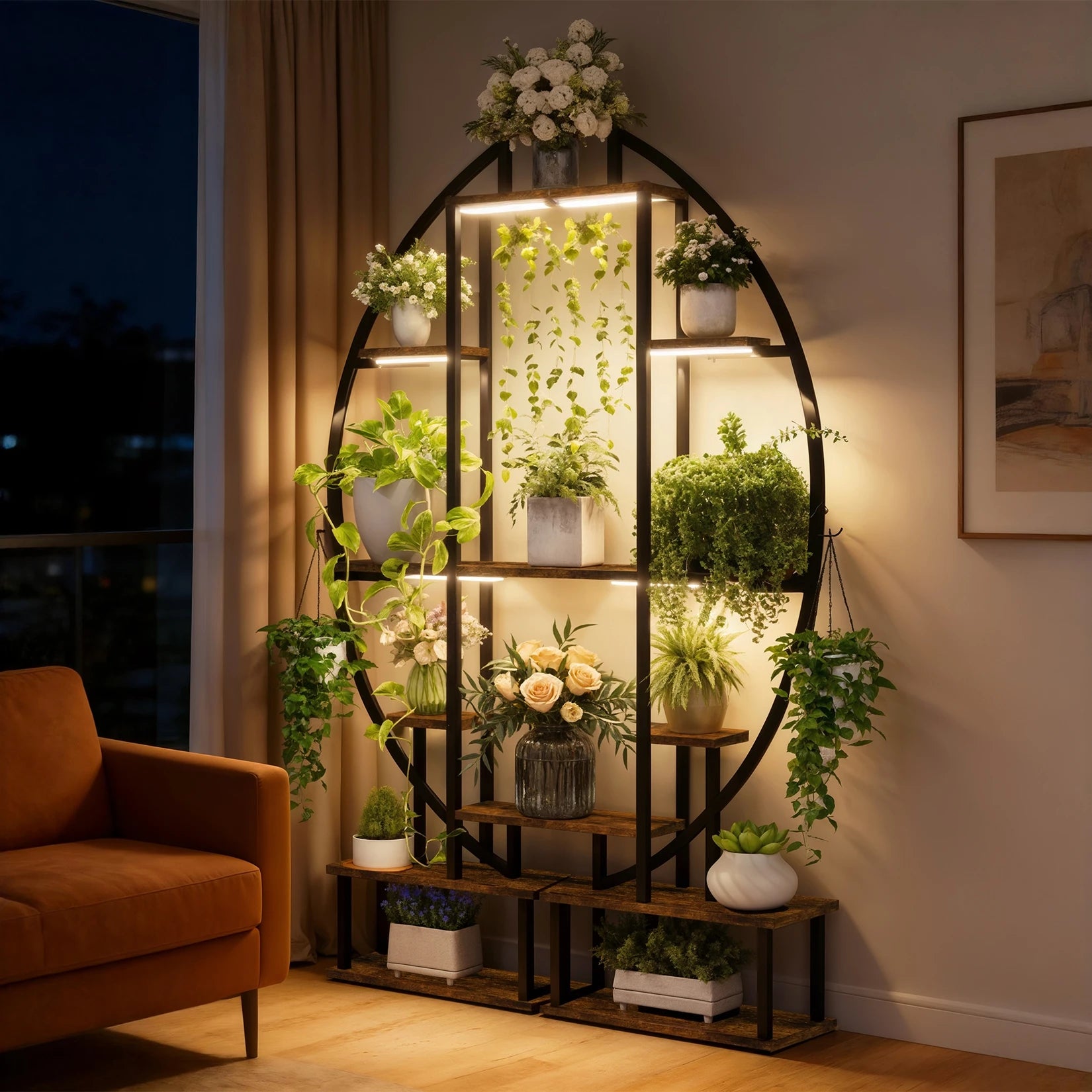 Tall Plant Stand with Grow Light 7 Tier Half Moon Industrial Style 100x26x165cm for Home Garden Office