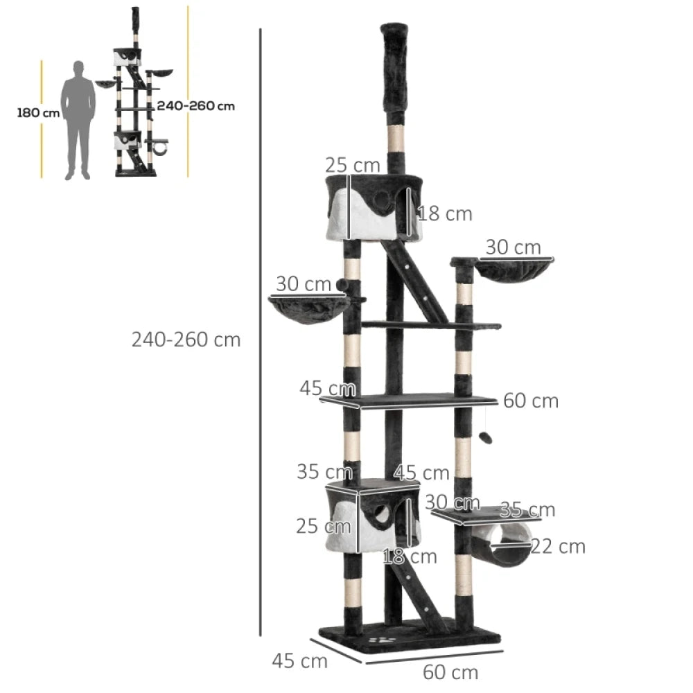 Floor to Ceiling Cat Tree 240-260cm Adjustable Sisal Wrapped Multi-Level White for Indoor Cats