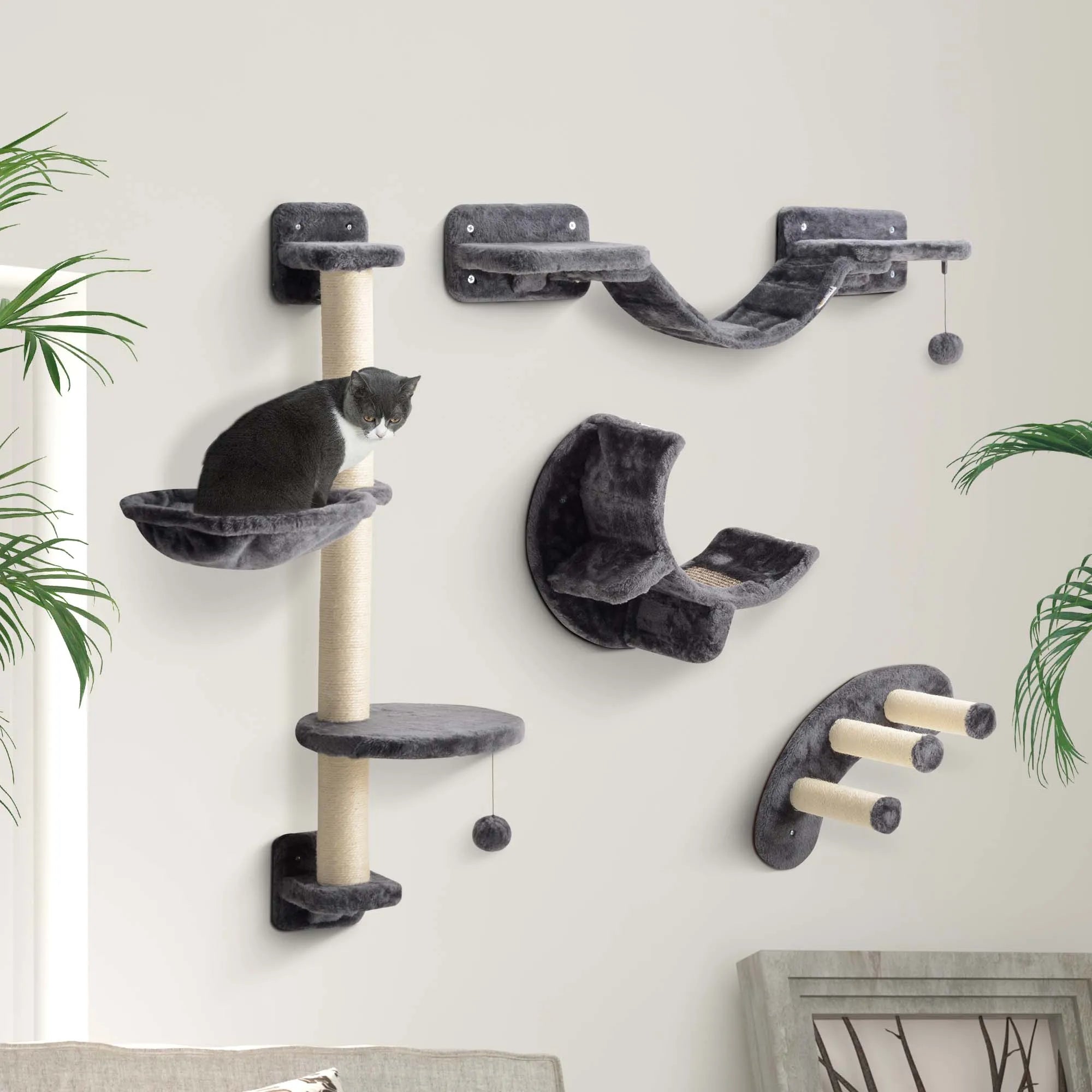 4 Piece Cat Wall Furniture Set with Hammock Ladder and Platforms Wall Mounted Cat Shelf Dark Grey