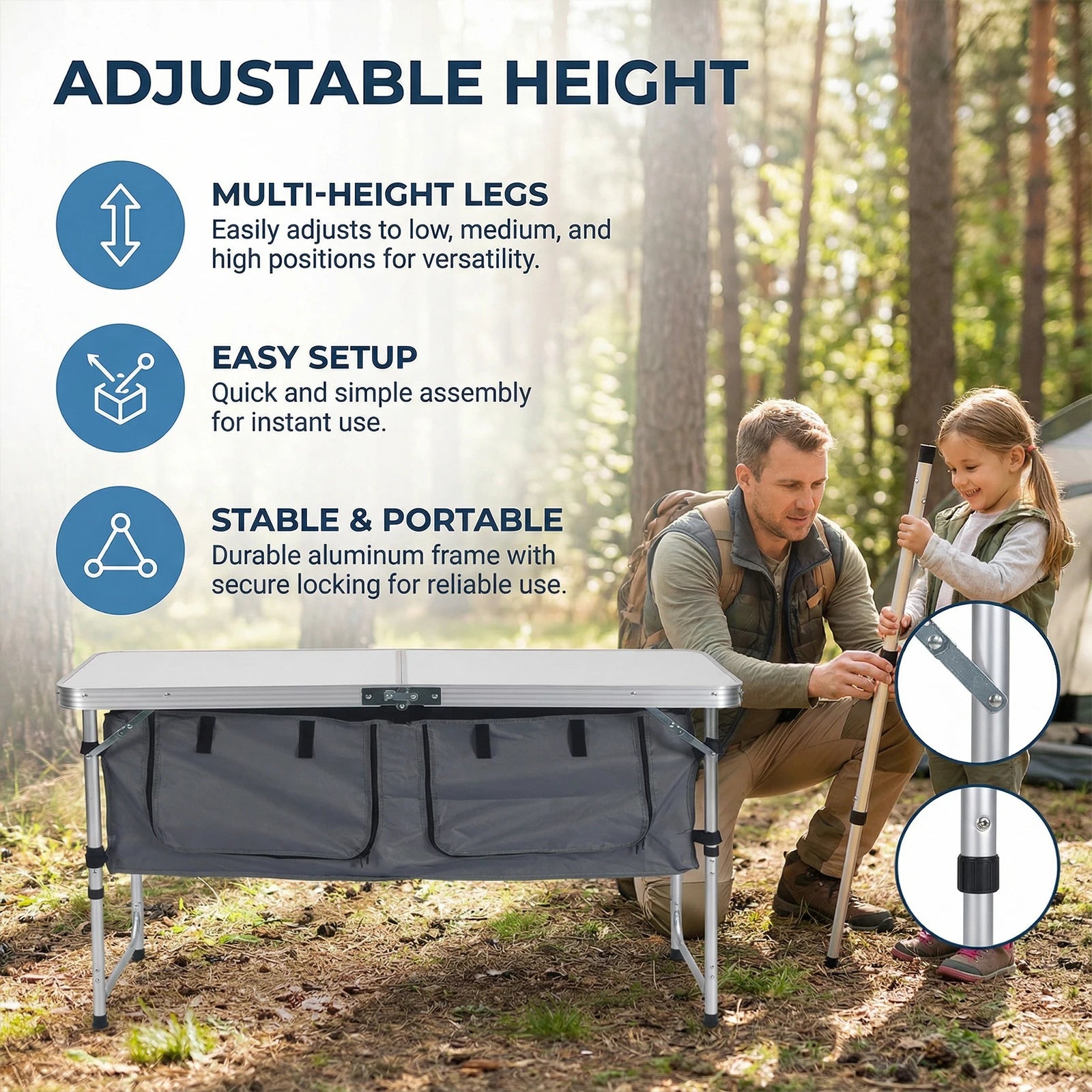 Portable Folding Rectangle Camping Table 3 Adjustable Heights Aluminium with Storage Organizer for Picnic Outdoor