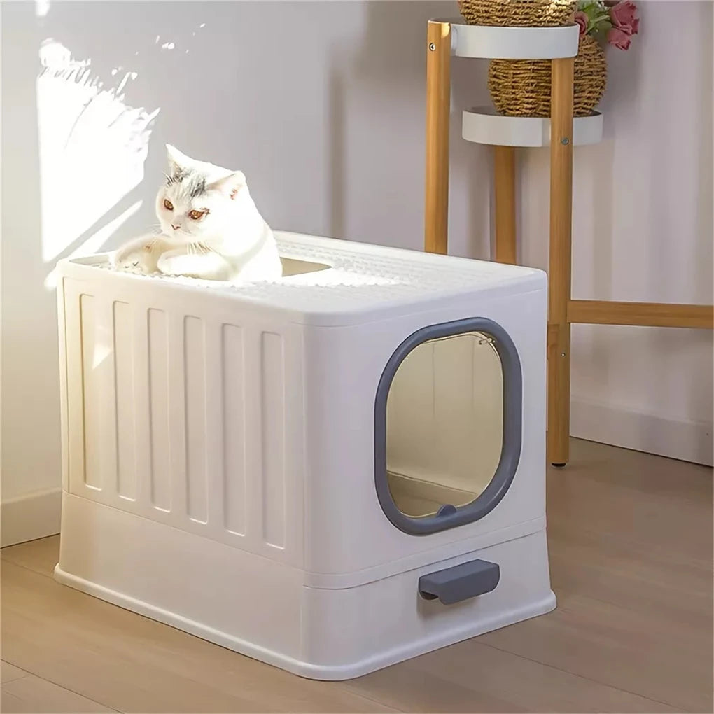 Leak-Proof Enclosed Cat Litter Box 51x38x39cm Pull Drawer Toilet with Scoop Lid Anti-Splash