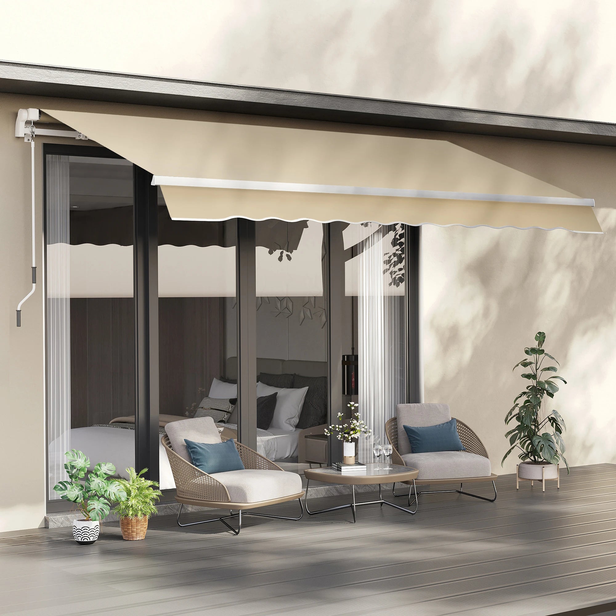 3.5x2.5m Manual Retractable Awning 280g Polyester Canopy Aluminium Frame Crank Handle for Patio Door Window Beige