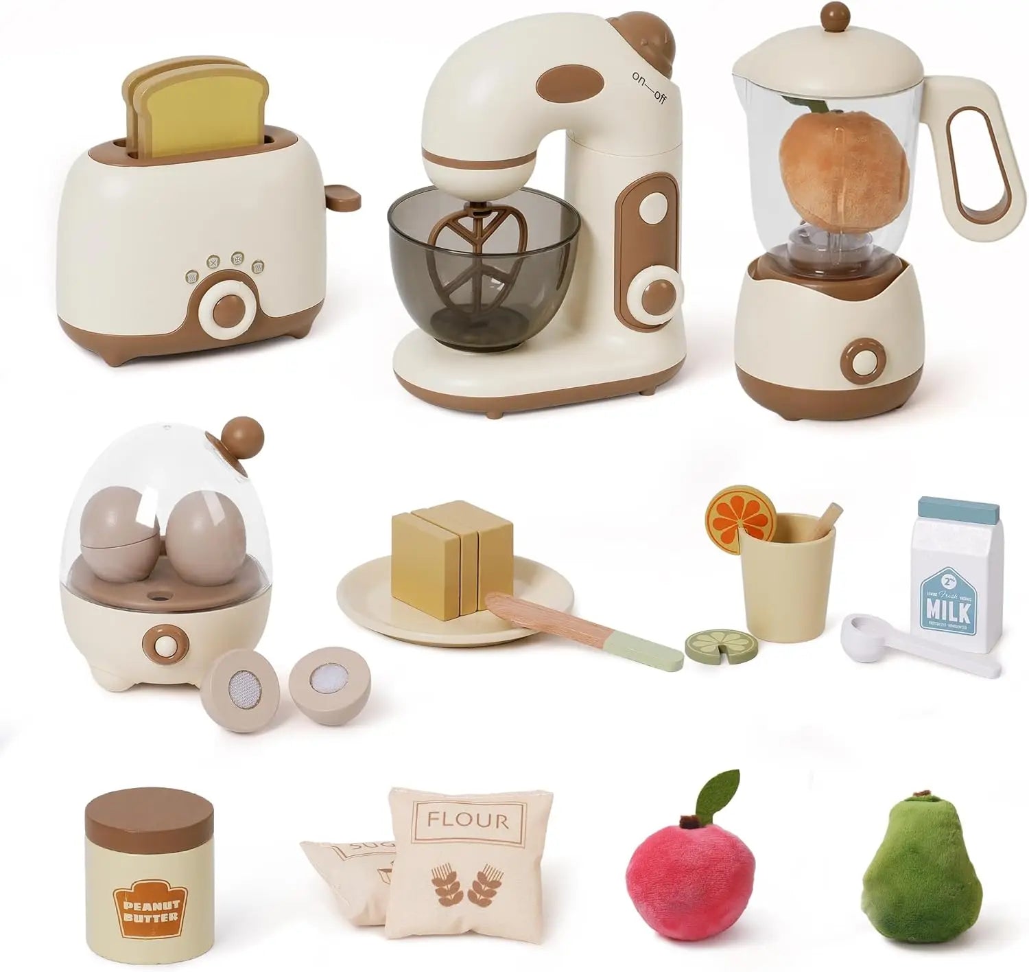 Wooden Kids Toy Kitchen Set 4 Piece with Toaster Mixer and Blender Food Accessories and Utensils for Pretend Play