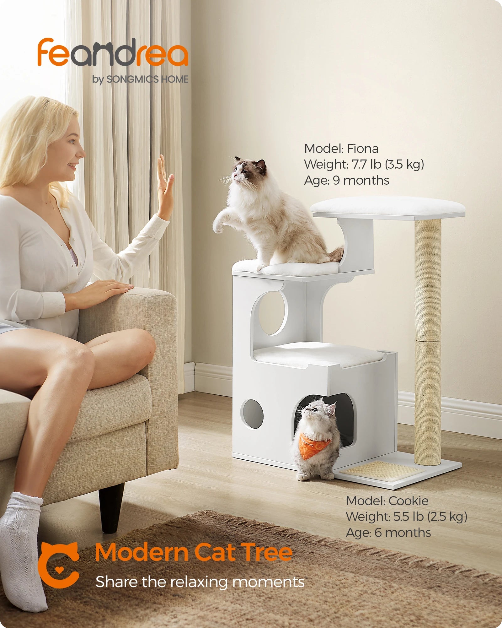 FEANDREA WoodyWonders 86cm Modern Cat Tree Tower Cat Cave 3 Perches Scratching Post Mat White
