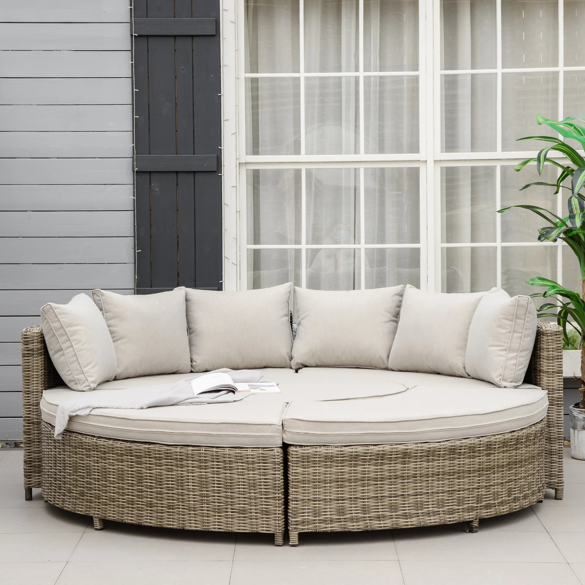 5 Piece PE Rattan Round Garden Daybed with Cushions Height Adjustable Table Aluminium Patio Sofa Lounge Set
