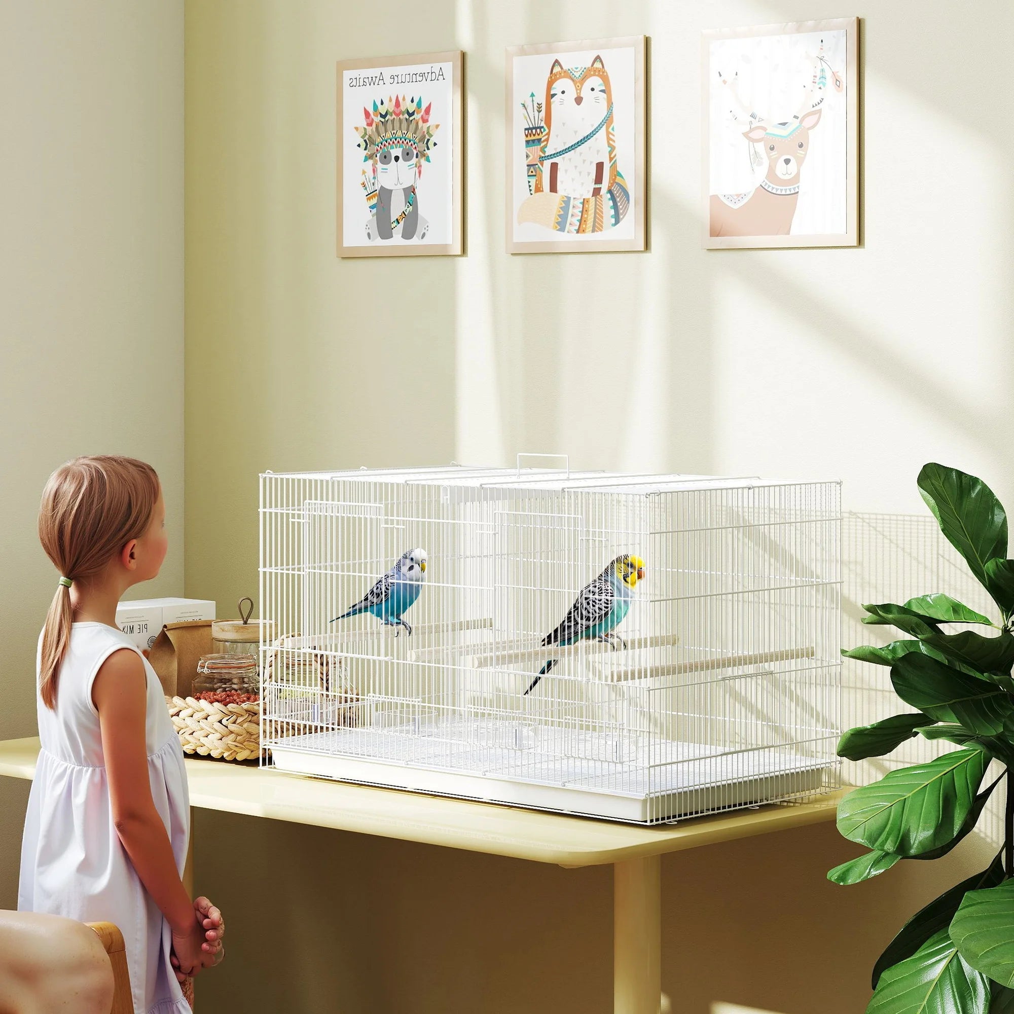 Bird Cage with Divider 4 Wooden Perches Slide-Out Tray and Food Dishes for Budgies Lovebirds and Canaries