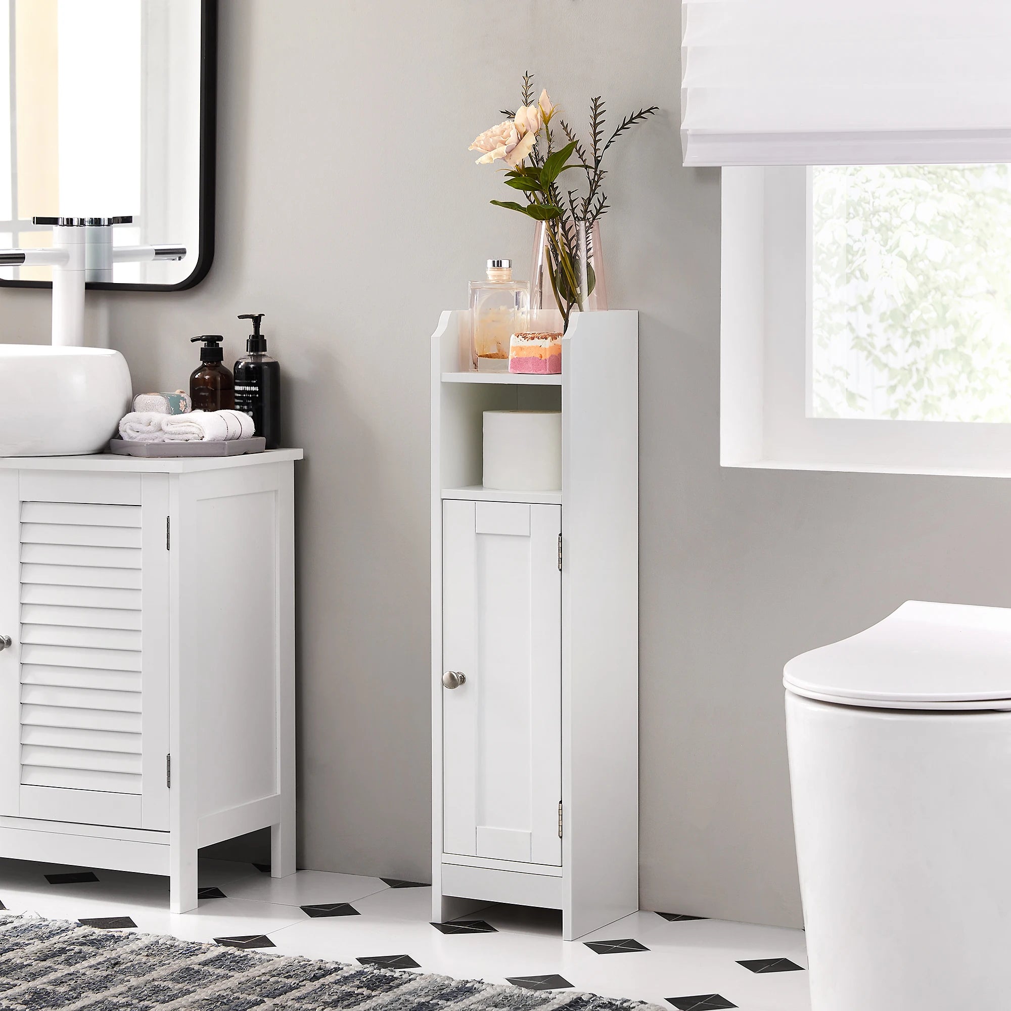 Slim Dove Grey Bathroom Floor Cabinet with Door and Adjustable Shelves | 20x18x80cm Freestanding Storage Unit