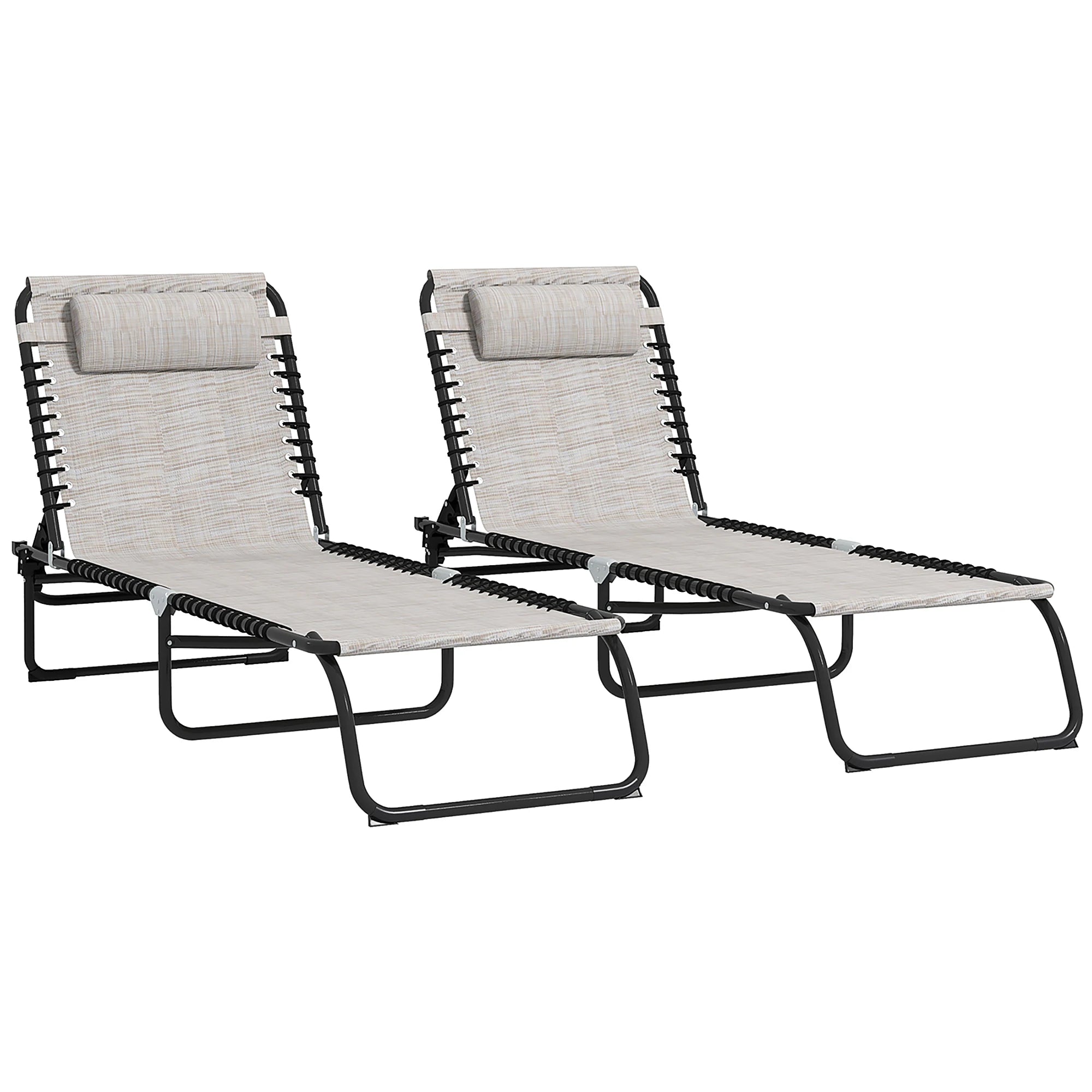 2 Piece Sun Lounger Set Folding Reclining Chaise Chair with 4 Position Backrest and Steel Frame for Beach Pool and Patio