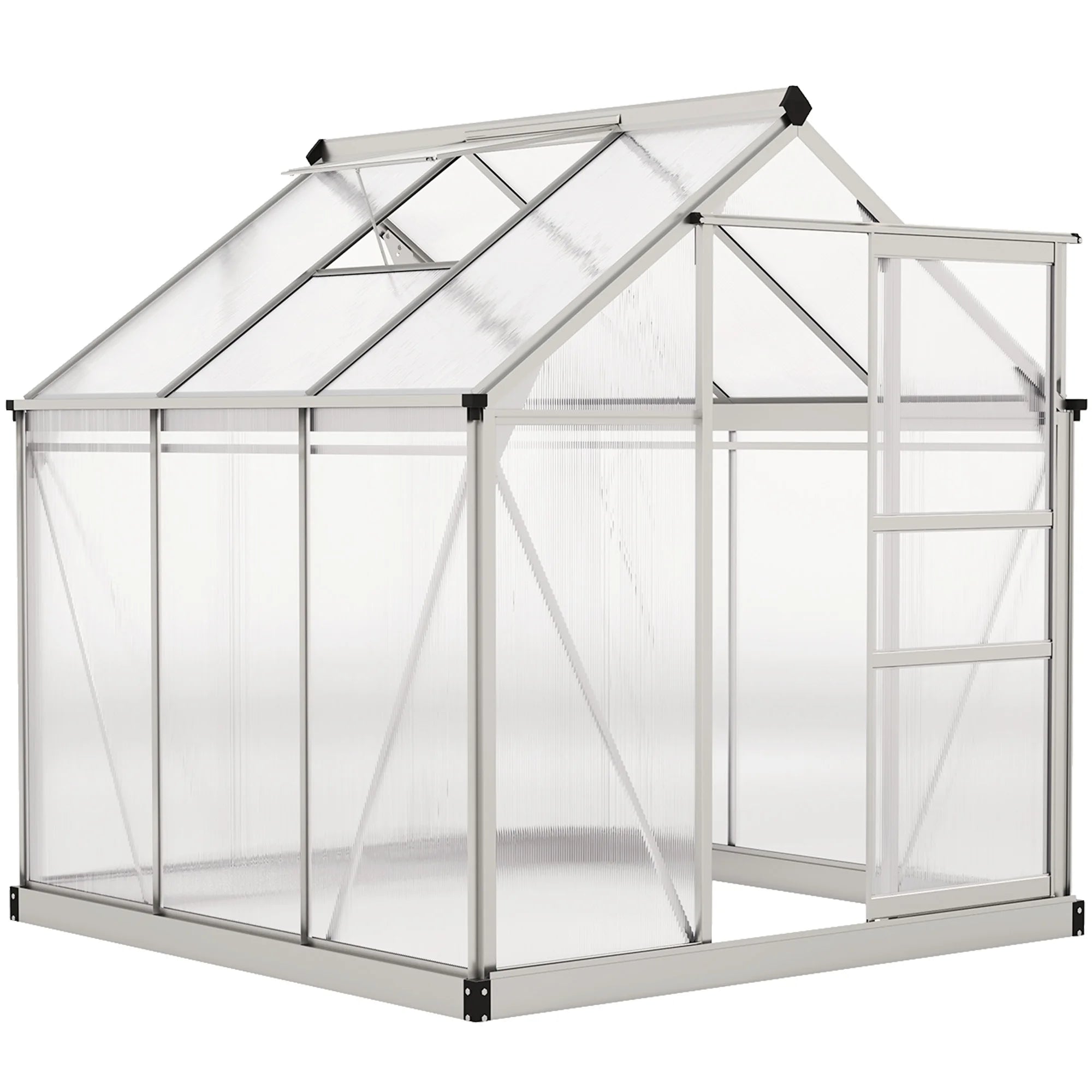 6 x 6ft Polycarbonate Walk-In Greenhouse with Sliding Door, Roof Ventilation and Aluminium Frame