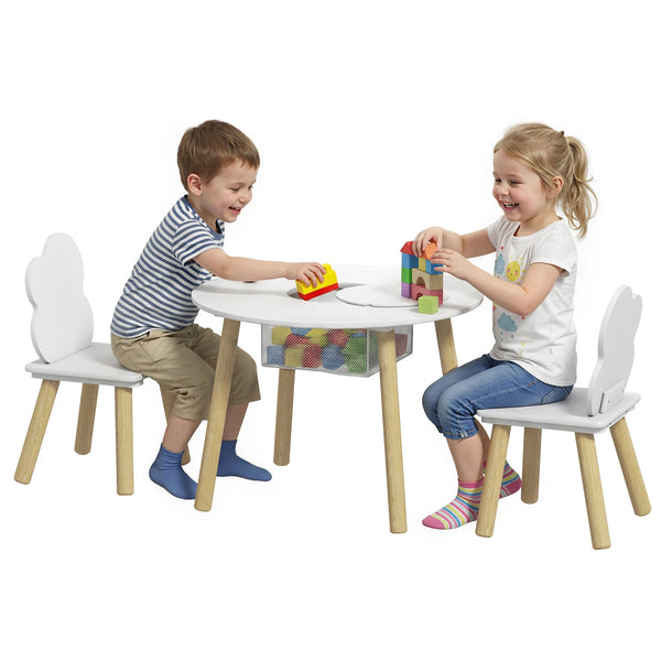 Kids Table and 2 Chairs Set with Storage Mesh Bag, Cloud Design, White