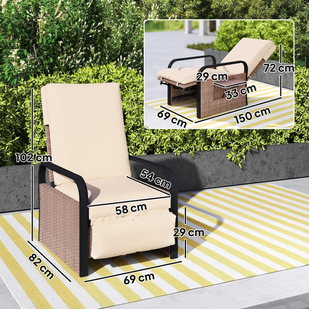 Reclining Rattan Armchair 140° with Footrest Side Table Cushion 120kg for Garden Pool Beach Patio Brown Khaki