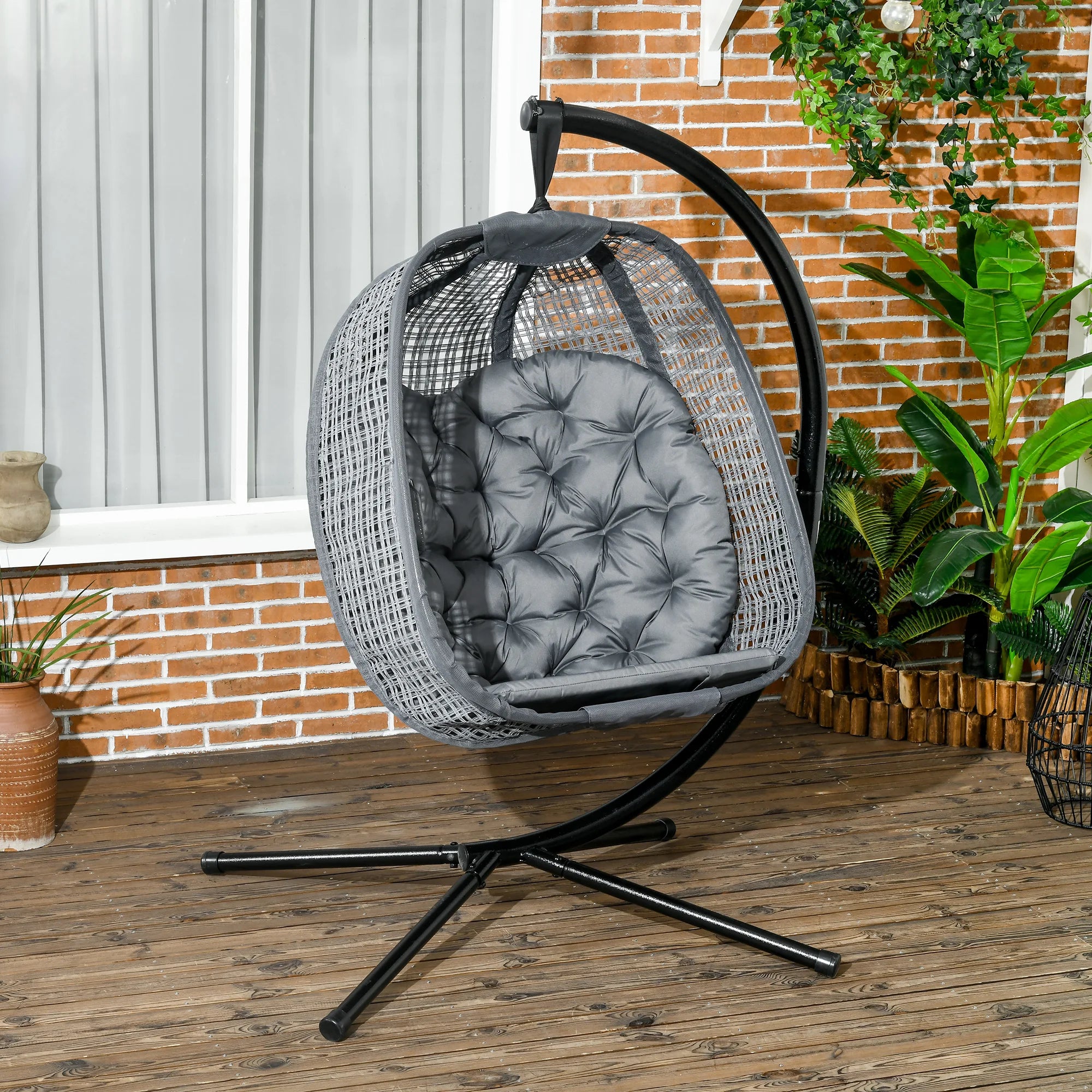 Hanging Egg Chair with Thick Cushion, Cup Holder, Foldable Basket and Breathable Mesh for Indoor and Outdoor Use