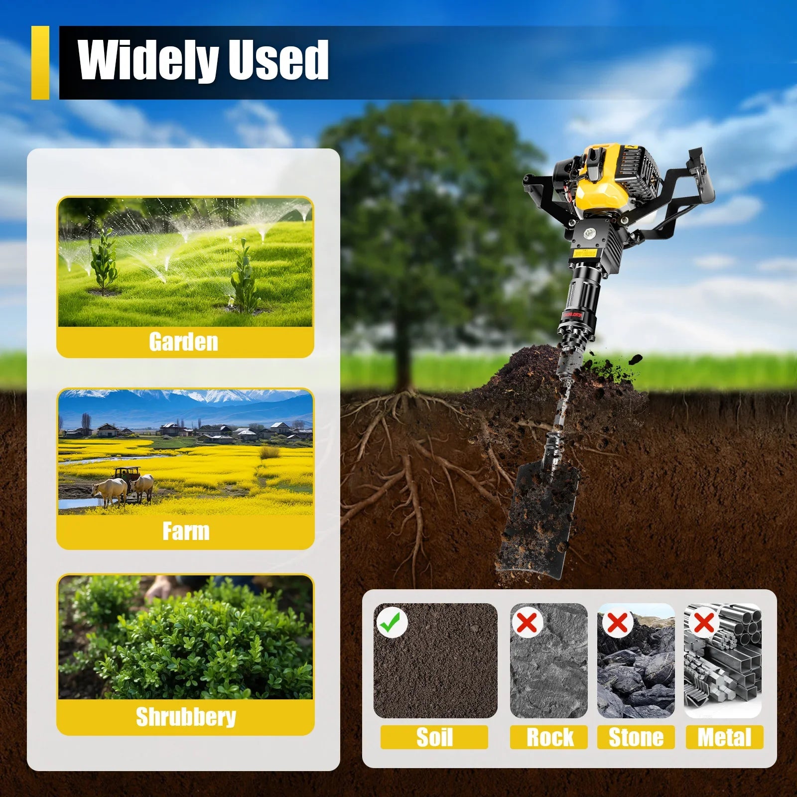 52cc 2-Stroke Portable Tree Digger 6500rpm Petrol Digging Machine for Farm Tree Lifting Root Cutting