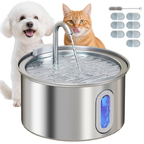 Cat Water Fountain 2.5L 304 Stainless Steel Ultra Silent Pump with Filter and LED Water Level Window