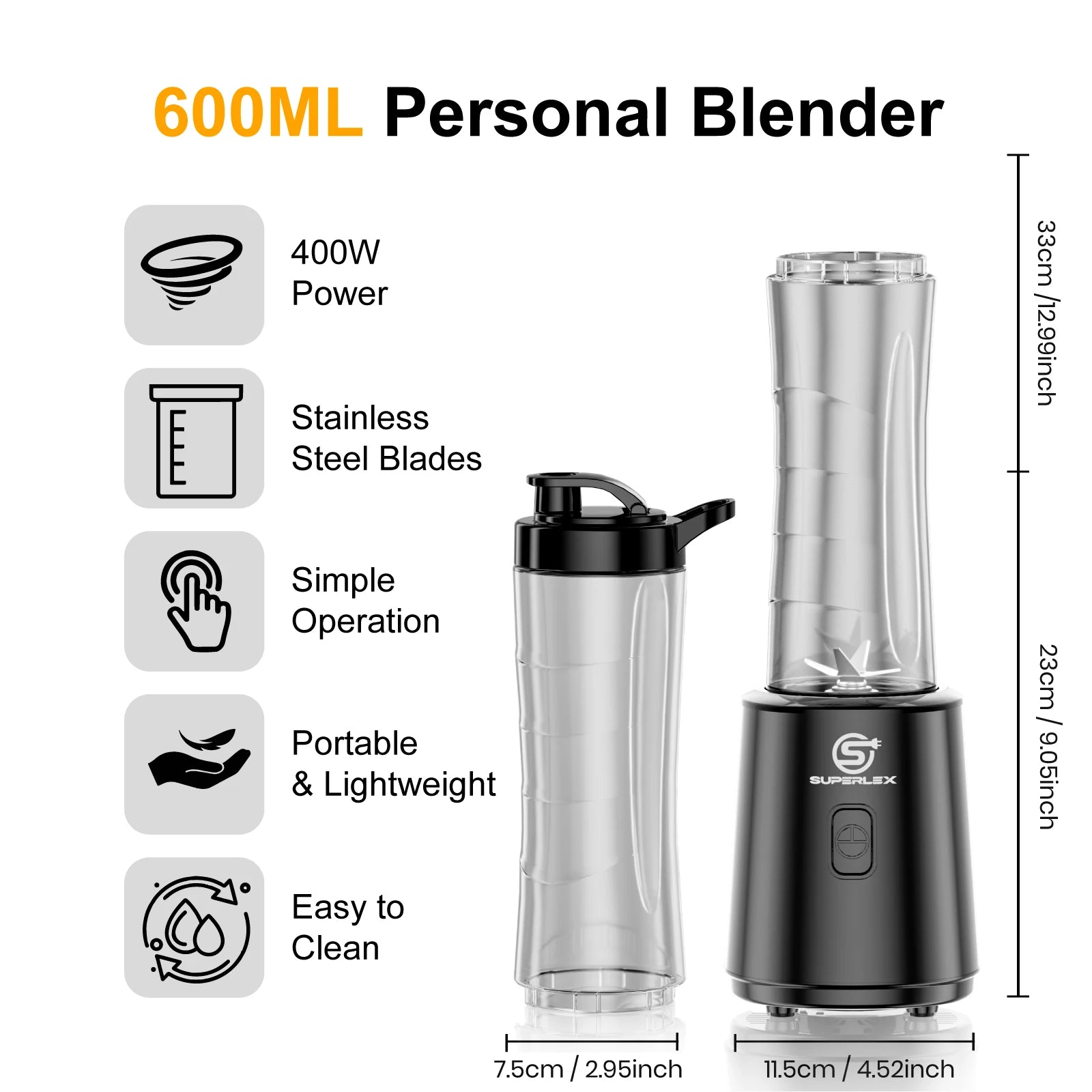 Double Cup 600ml Portable Electric Blender 4000mAh with Ice Crush Function Stainless Steel Blades for Smoothies and Juices