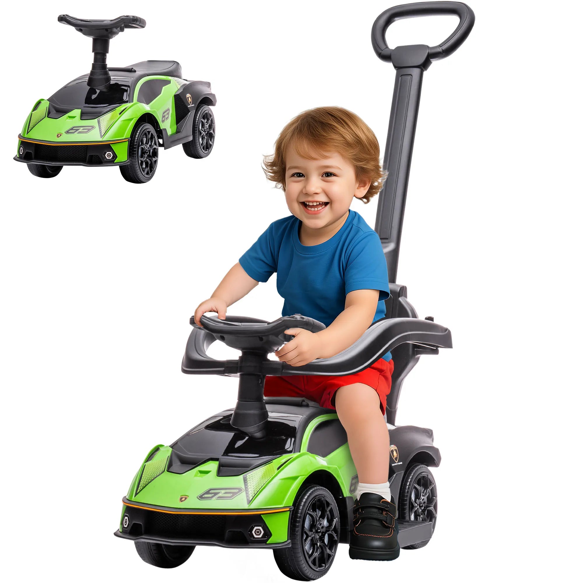 2 in 1 Kids Ride On Push Car Toddler Foot to Floor Car with Detachable Handle and Guardrails Green