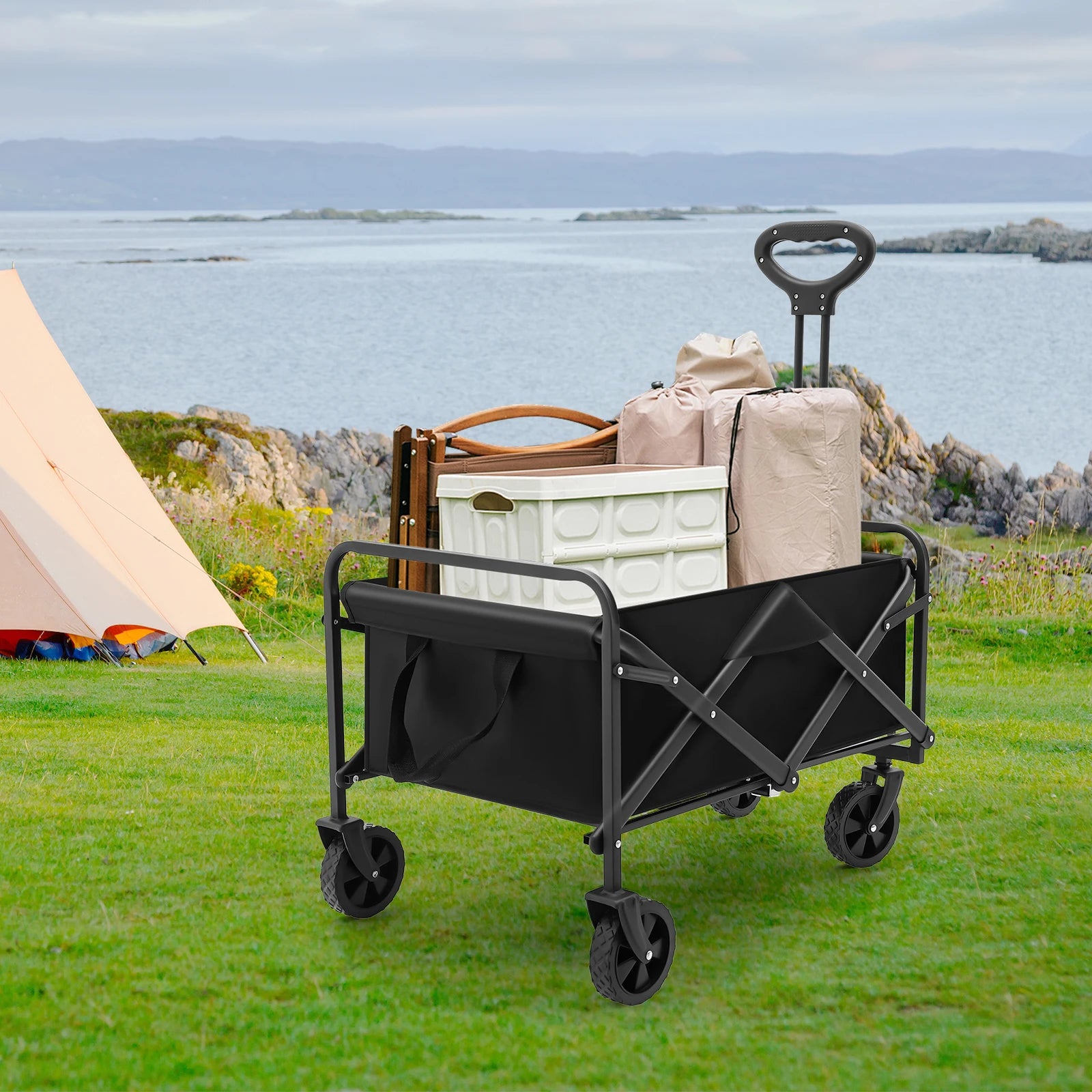 Collapsible Folding Wagon Garden Cart 80kg Adjustable Handle 2 Cup Holders for Shopping Camping Beach