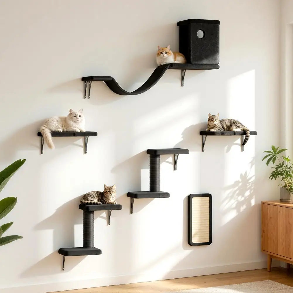 6 in 1 Cat Wall Shelves Wall Mounted Floating Furniture Bed Scratching Post Perch Bridge Condo Black