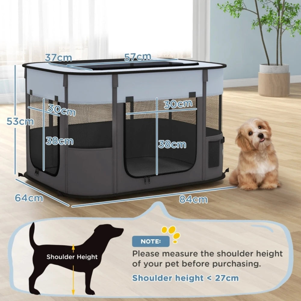 Foldable Dog Pen with Storage Bag 84x64x53cm Portable Playpen with Ground Stakes for Indoor Outdoor Grey