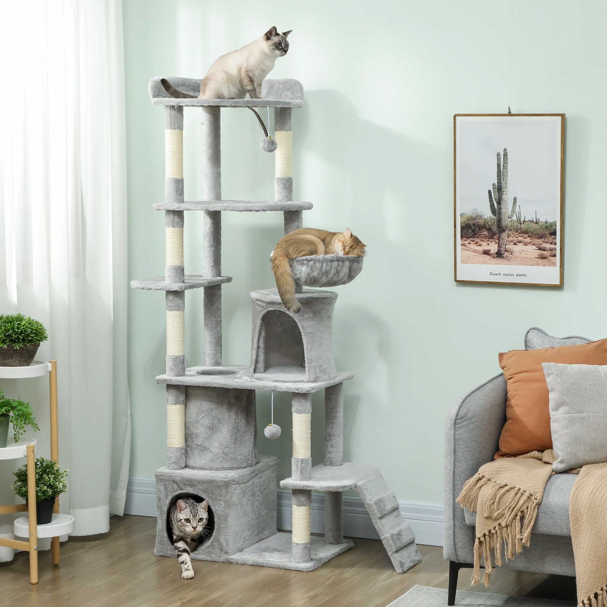 PawHut 170cm Large Cat Tree Tower 7 Scratching Posts Condos Hammock Tunnel Light Grey