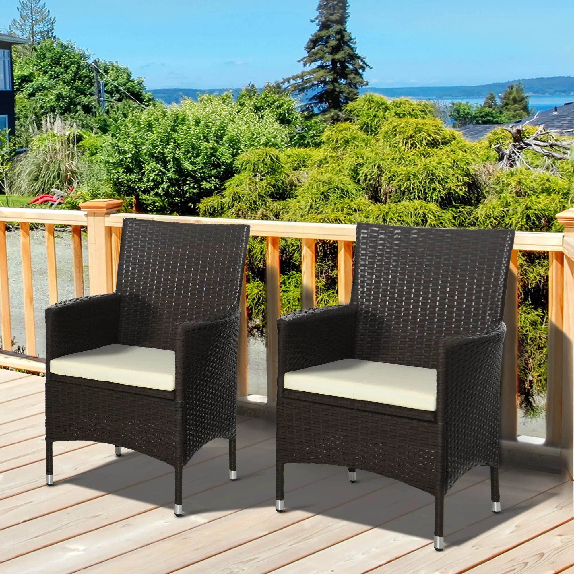 PE Rattan Outdoor Dining Chairs with Cushions and Armrests | Deep Coffee Garden Patio Chairs