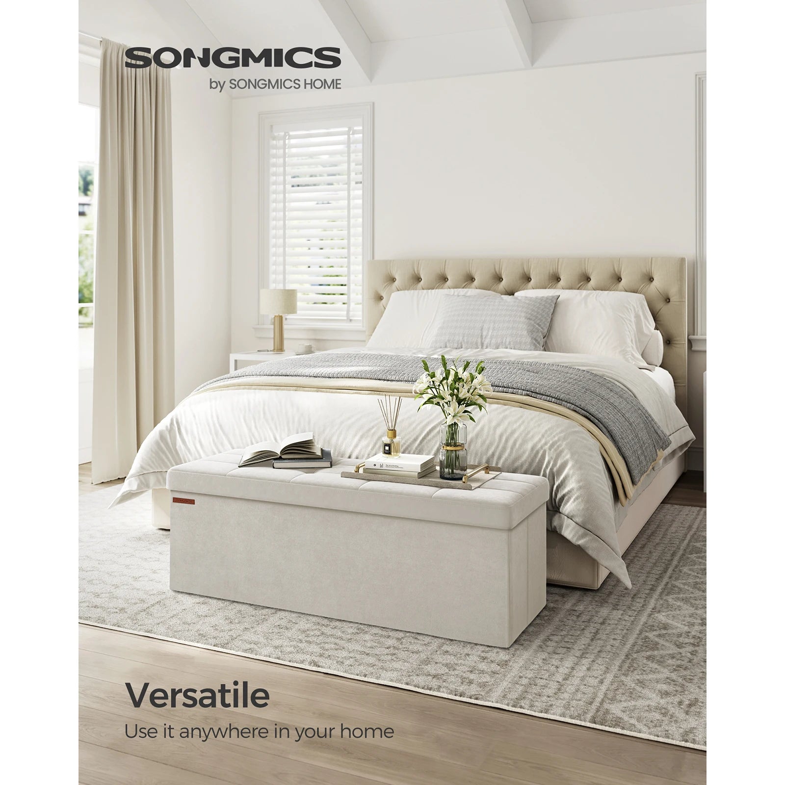 Large Velvet Storage Ottoman Bench 110cm with 131L Capacity | 300kg Tufted Footstool with Storage Boxes