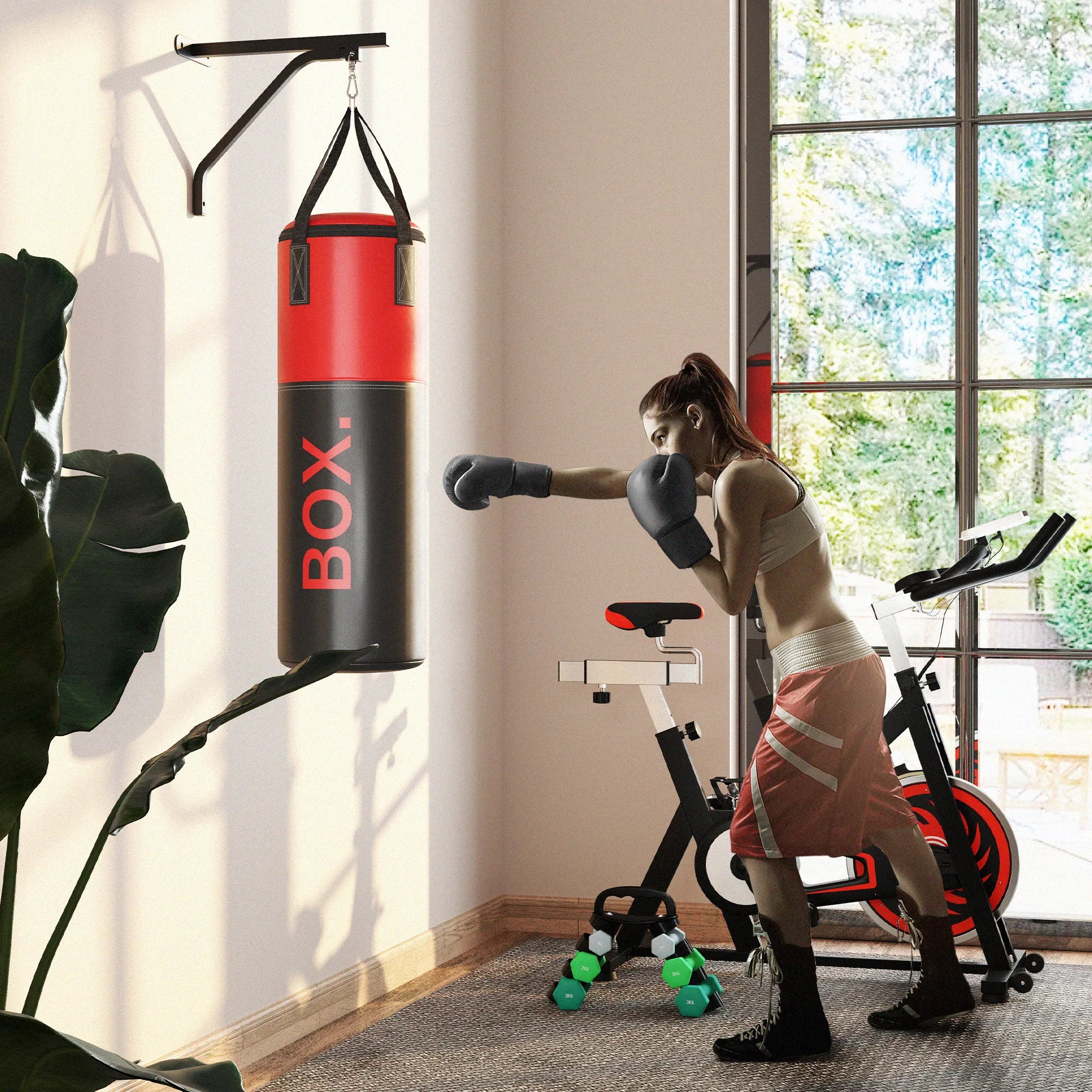 3ft Unfilled Punching Bag Set with Bracket Boxing Gloves Hand Wraps and 360° Swivel Hook for Home Training