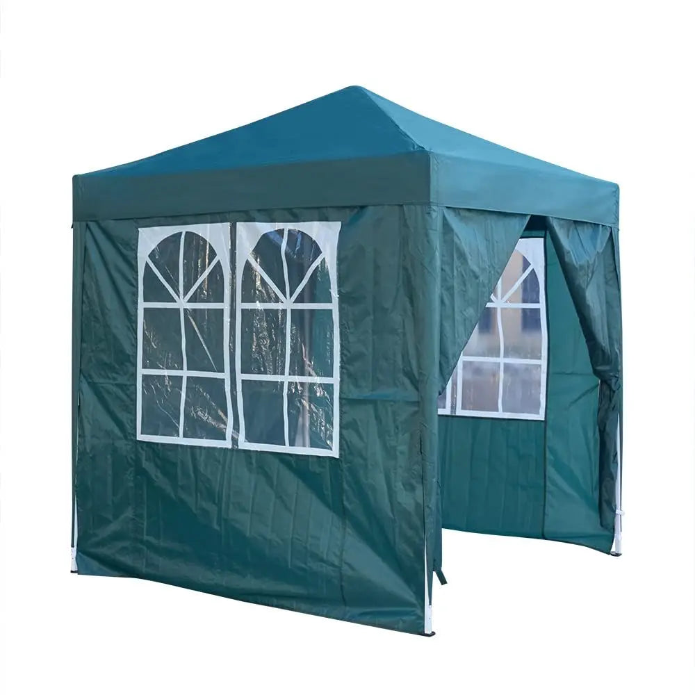 2x2m Waterproof Pop Up Gazebo Steel Frame 4 Polyester Sidewalls Church Windows for Garden Party BBQ Green