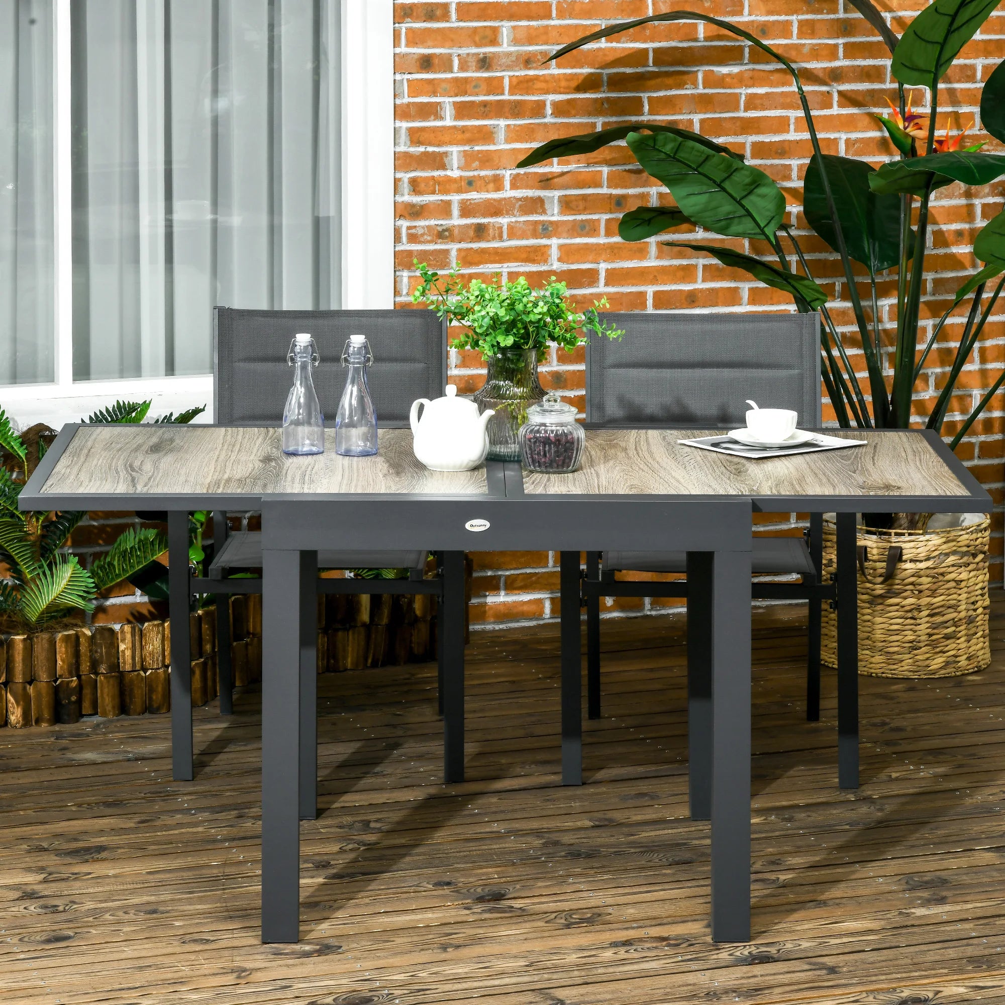 Extending Garden Dining Table 80-160cm Aluminium Frame Wood Effect Top Seats 6 Outdoor Patio Table Beige