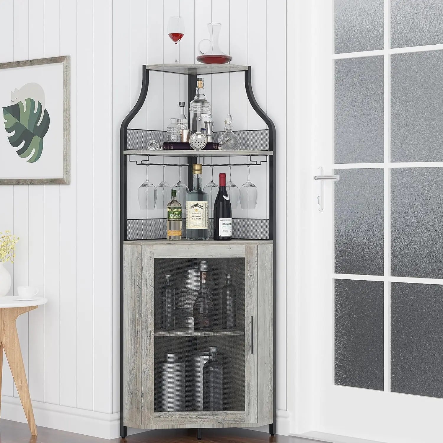 Corner Wine Bar Cabinet with Adjustable Shelves, 5-Tier Industrial Bar Cabinet with Glass Holder, Home Bar
