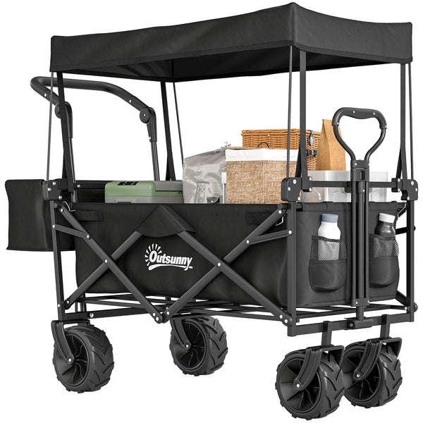 Folding Trolley Cart 68kg with 4 Wheels Telescopic Handle Canopy Side Pocket and Cup Holder Black