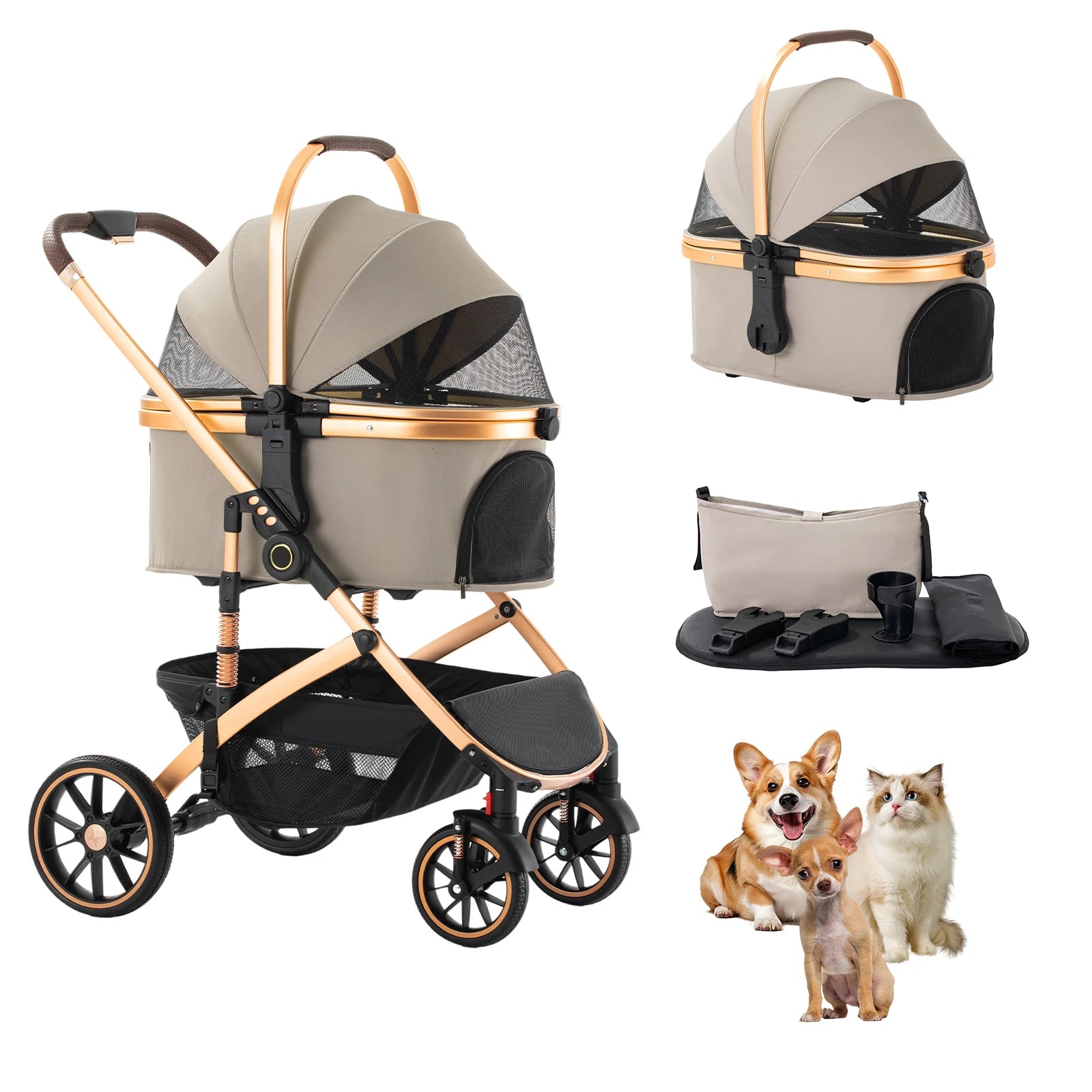 4 Wheel Pet Stroller 3-in-1 Convertible Removable Carrier Aluminium Frame for Small Medium Dogs Cats
