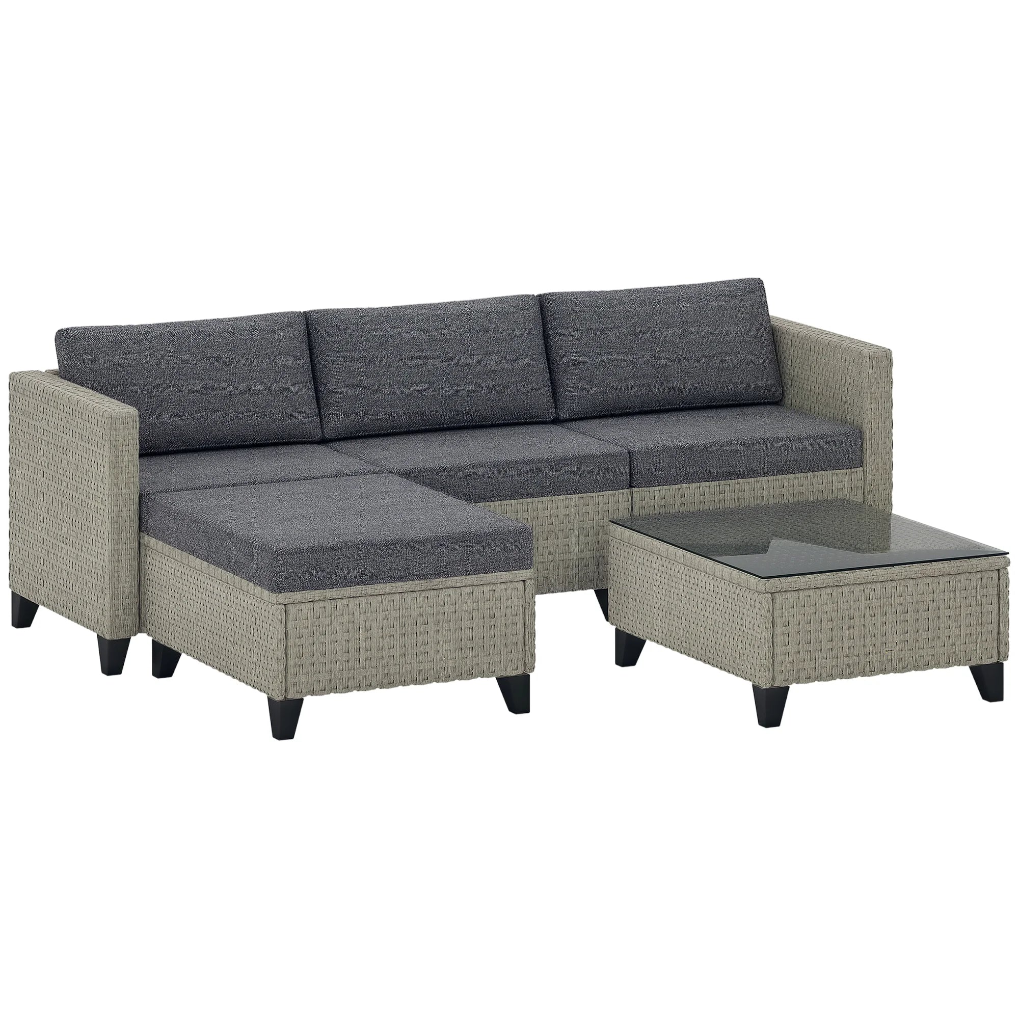 5-Piece PE Rattan Garden Corner Sofa Set with Glass Coffee Table and Footstool