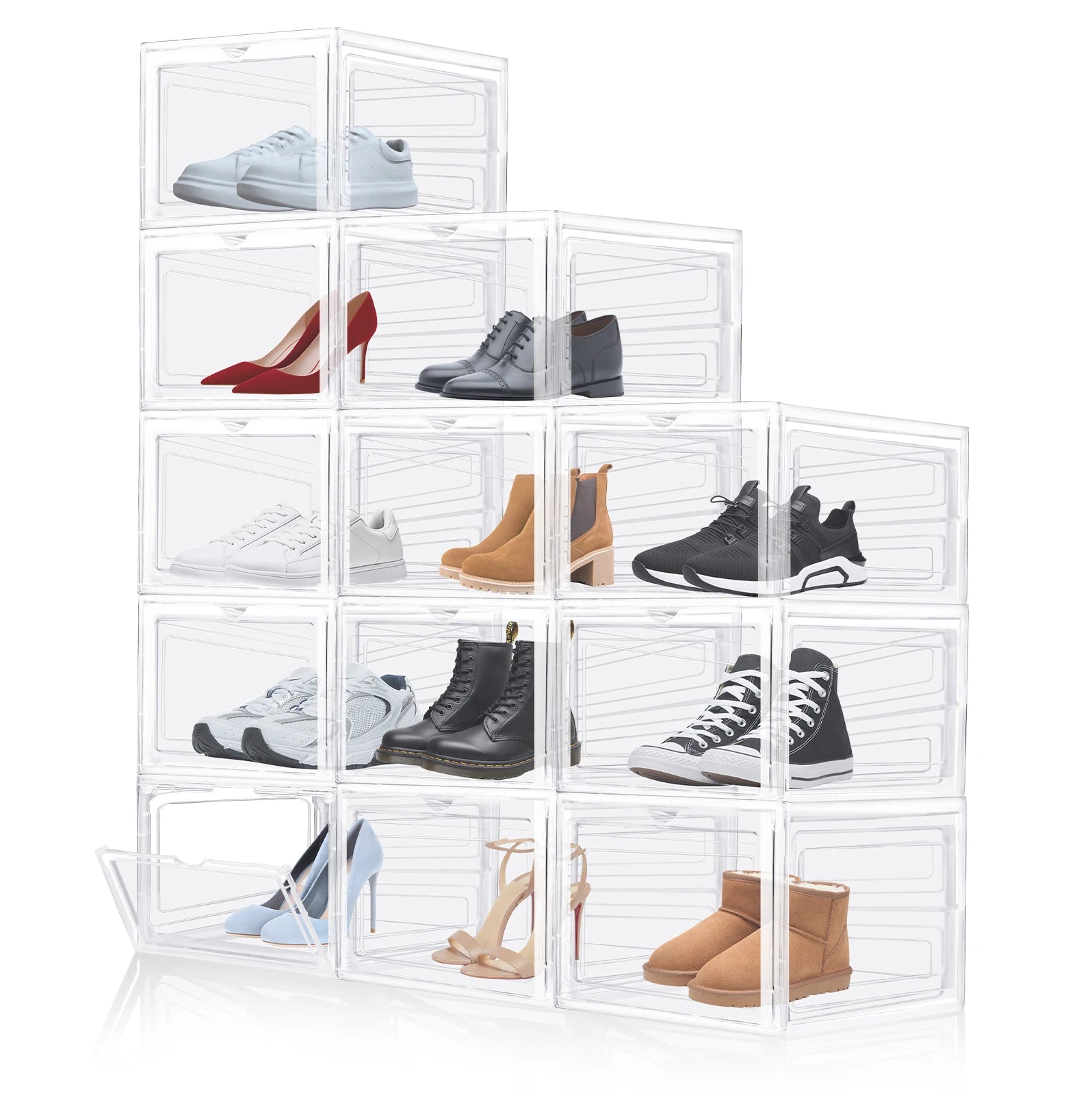 Clear Stackable Shoe Storage Boxes with Magnetic Flip Lid Pack of 6 9 or 12 PP Plastic Shoe Organiser