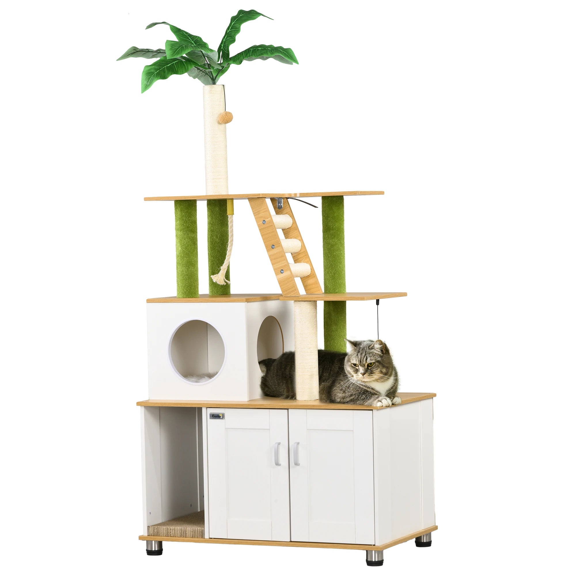 2-in-1 Hidden Cat Litter Box with Cat Tree Scratching Post Ladder and Toy Rope Indoor Cat Furniture in Oak