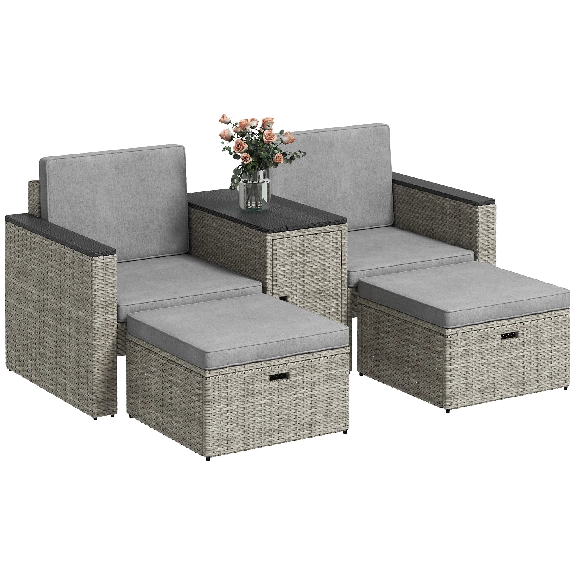 5 Piece Rattan Garden Furniture Set with 2 Chairs 2 Footstools and WPC Storage Table Outdoor Conversation Set