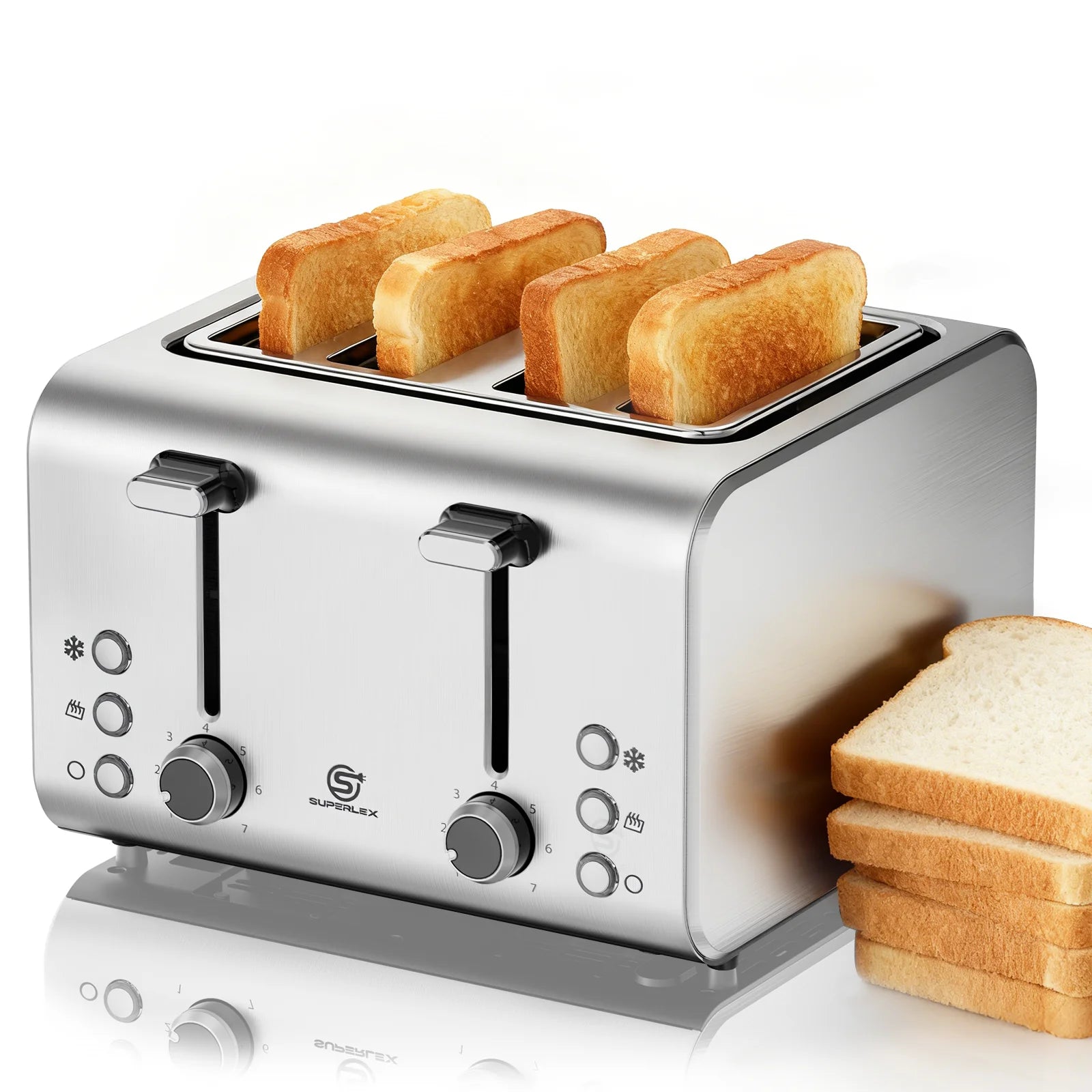 4 Slice Toaster 1600W Stainless Steel with 7 Browning Settings Defrost Reheat Function and Removable Crumb Tray