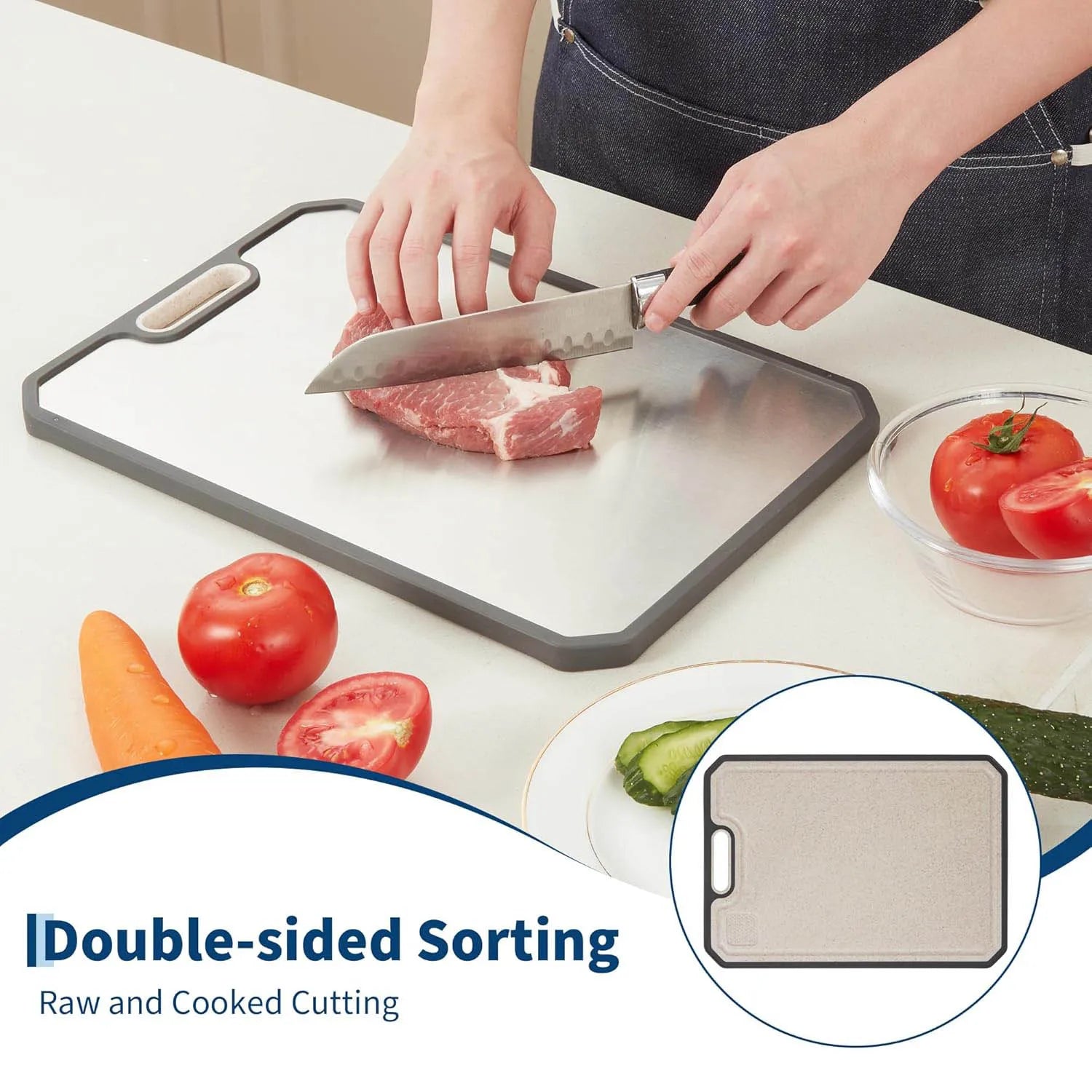 Titanium Double-Sided Cutting Board with Juice Grooves and Built-In Handles | 25x38cm Kitchen Chopping Board