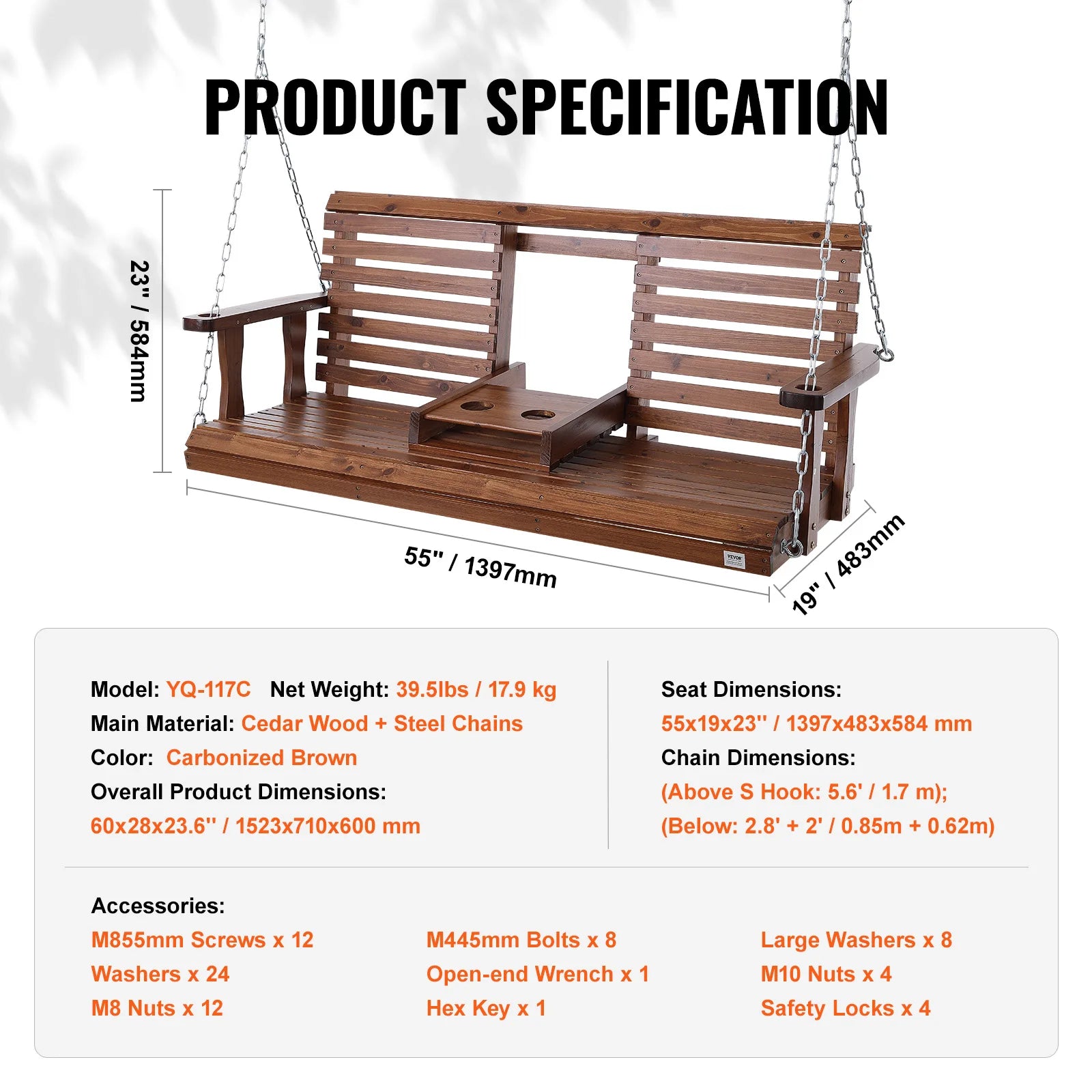 5FT Wooden Porch Swing Bench 880lbs Cedar Wood Steel Chains for Garden Courtyard Patio Outdoor