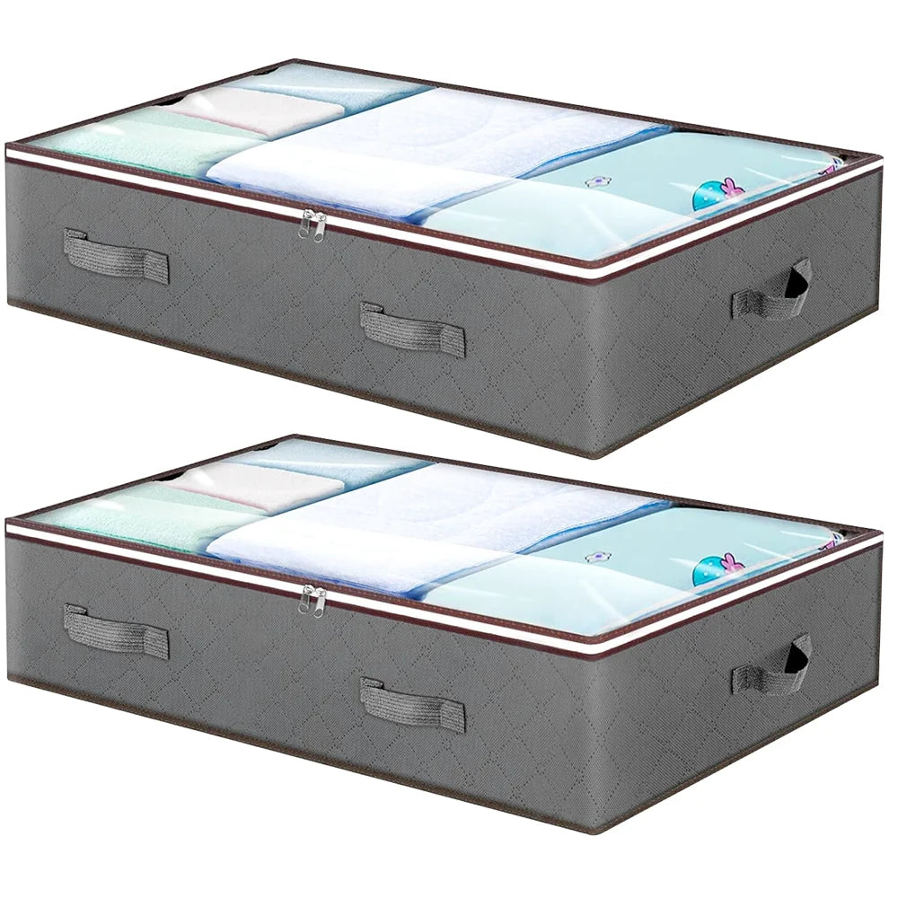 4 or 2 Pack Under Bed Storage Bags 90L Foldable Dustproof Non-Woven with Transparent Lid Handles Zips Grey