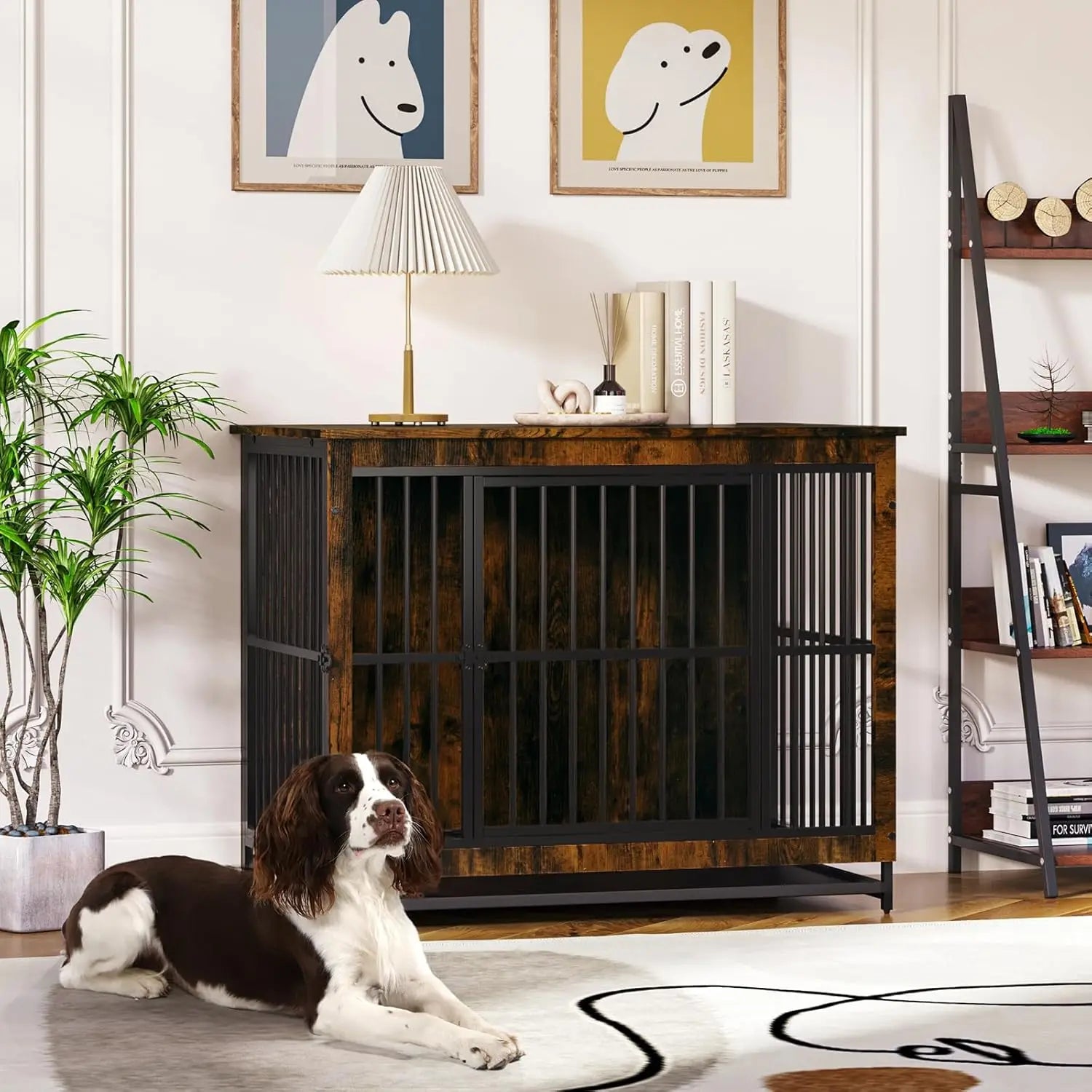 SEO Title: Wooden Dog Crate Furniture Elevated Lattice End Table 97.5x59x77.5cm 2 Doors Removable Tray Large Dogs