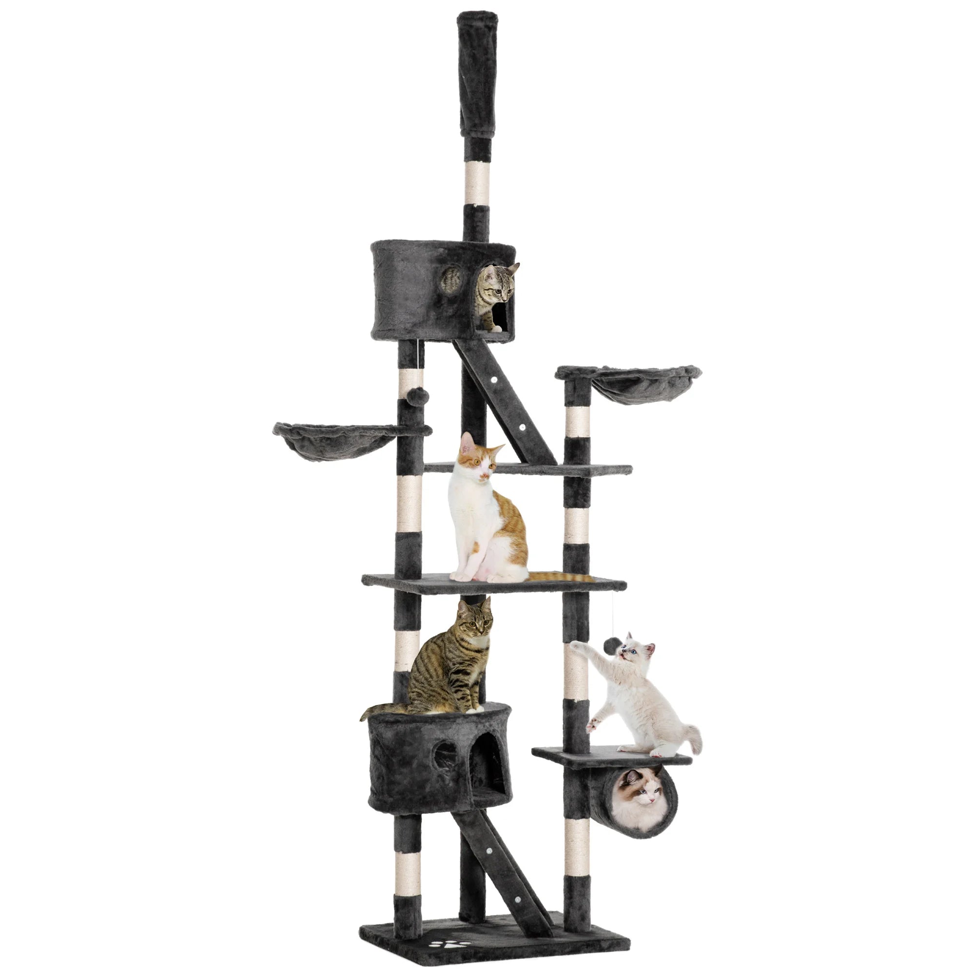 Floor to Ceiling Cat Tree 240-260cm with 2 Cat Houses Hammocks Tunnel Scratching Posts for Multiple Cats White
