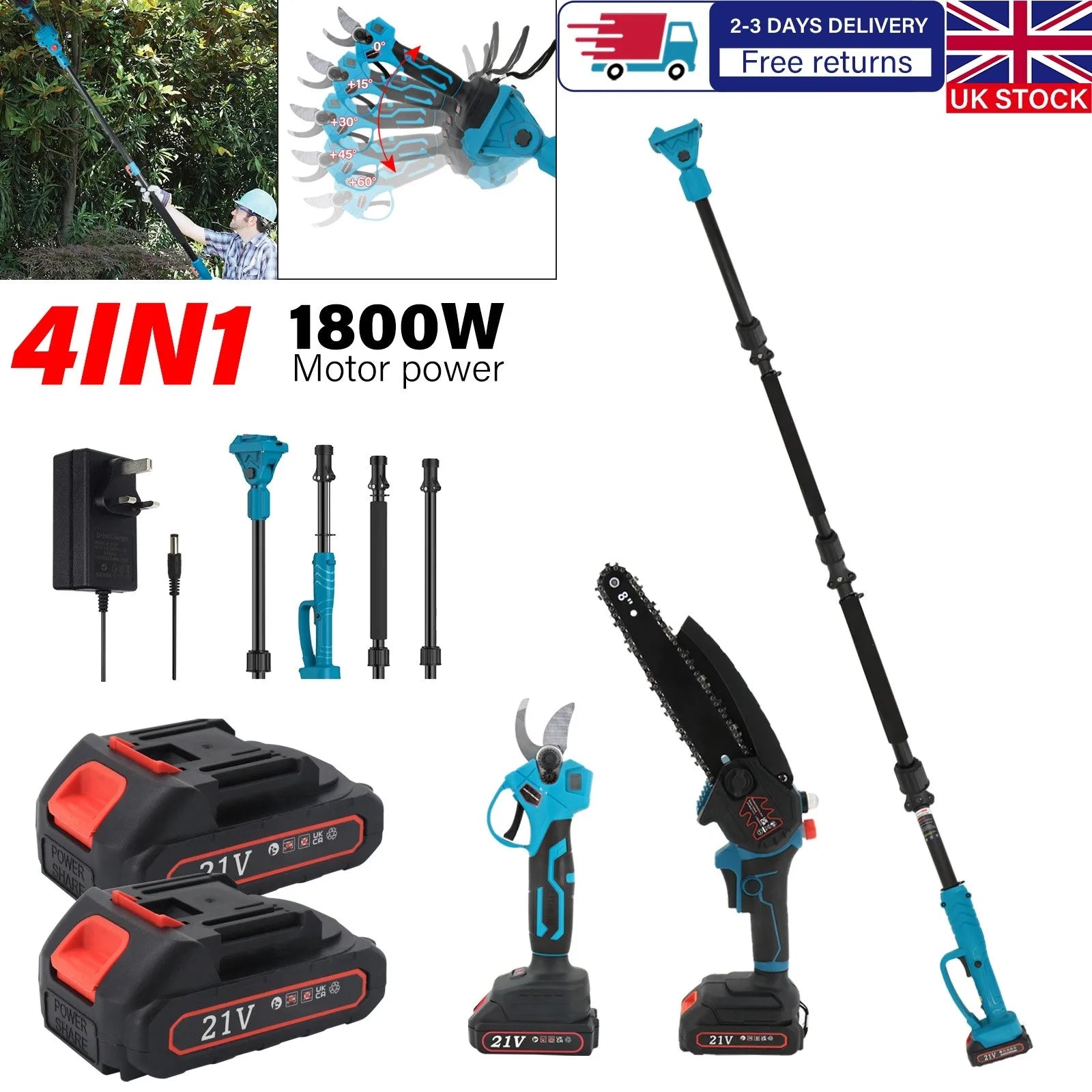 3-in-1 Cordless Pole Saw and Mini Chainsaw 180cm Reach 8 Inch with 4 Batteries Charger for Tree Pruning Garden