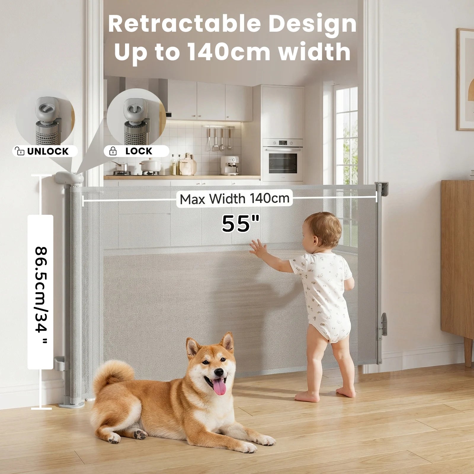 Extendable Stair Gate 0-140cm Roller Blind Dog Baby Safety Gate Indoor Outdoor for Stairs Doors