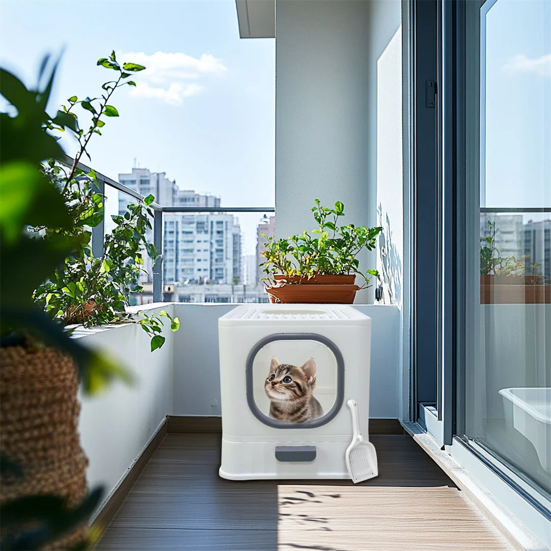 Enclosed Cat Litter Box with Drawer 48.3x35.8x38.8cm Front Top Doors Acrylic Window Lid Scoop White Grey