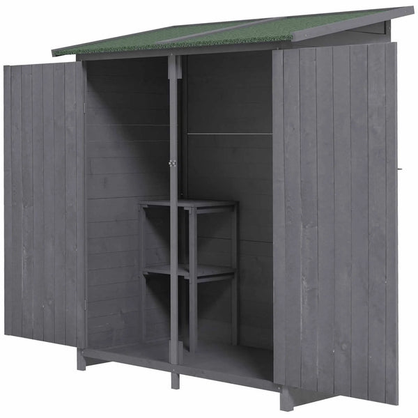 Movable double layer storage table attached to a wooden garden shed