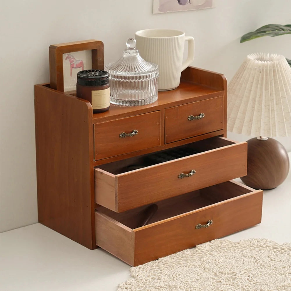 Vintage Bamboo Desktop 4 Drawer Storage Cabinet Cosmetics Organiser Box for Bedroom Vanity Home Office